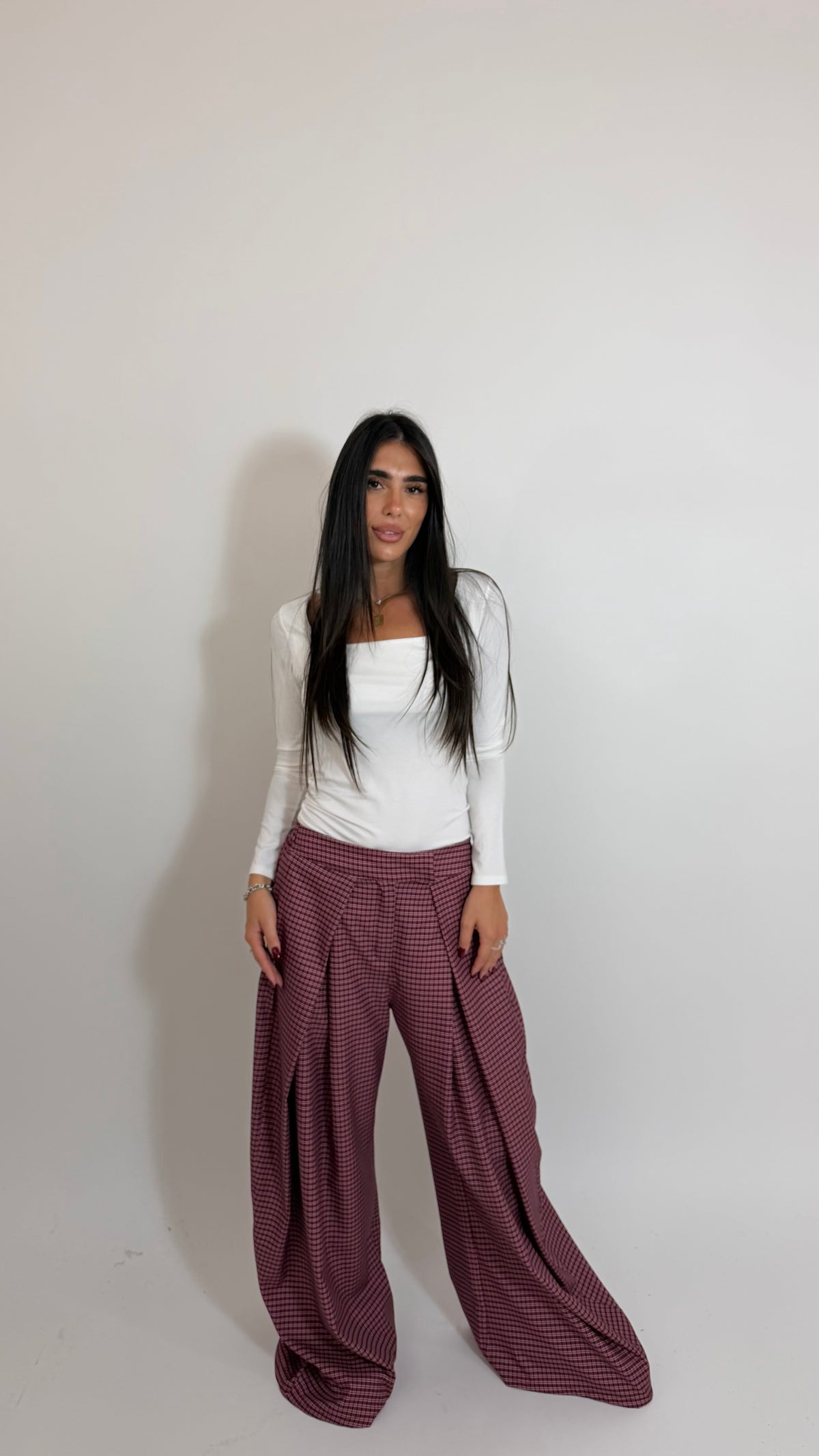 Pantalone Check Palazzo Burgundy