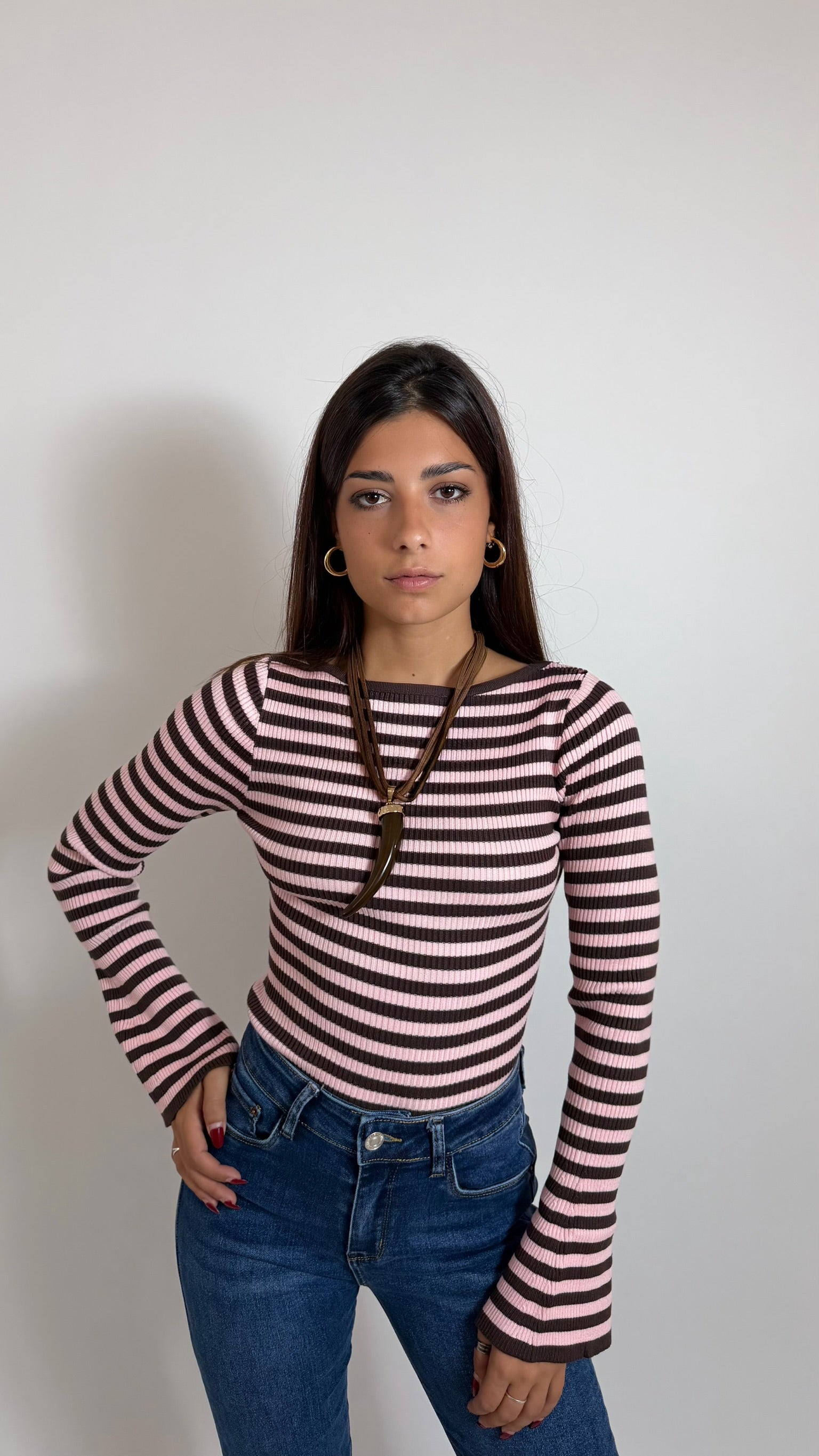 Maglia Rib Stripe Pink/Choco