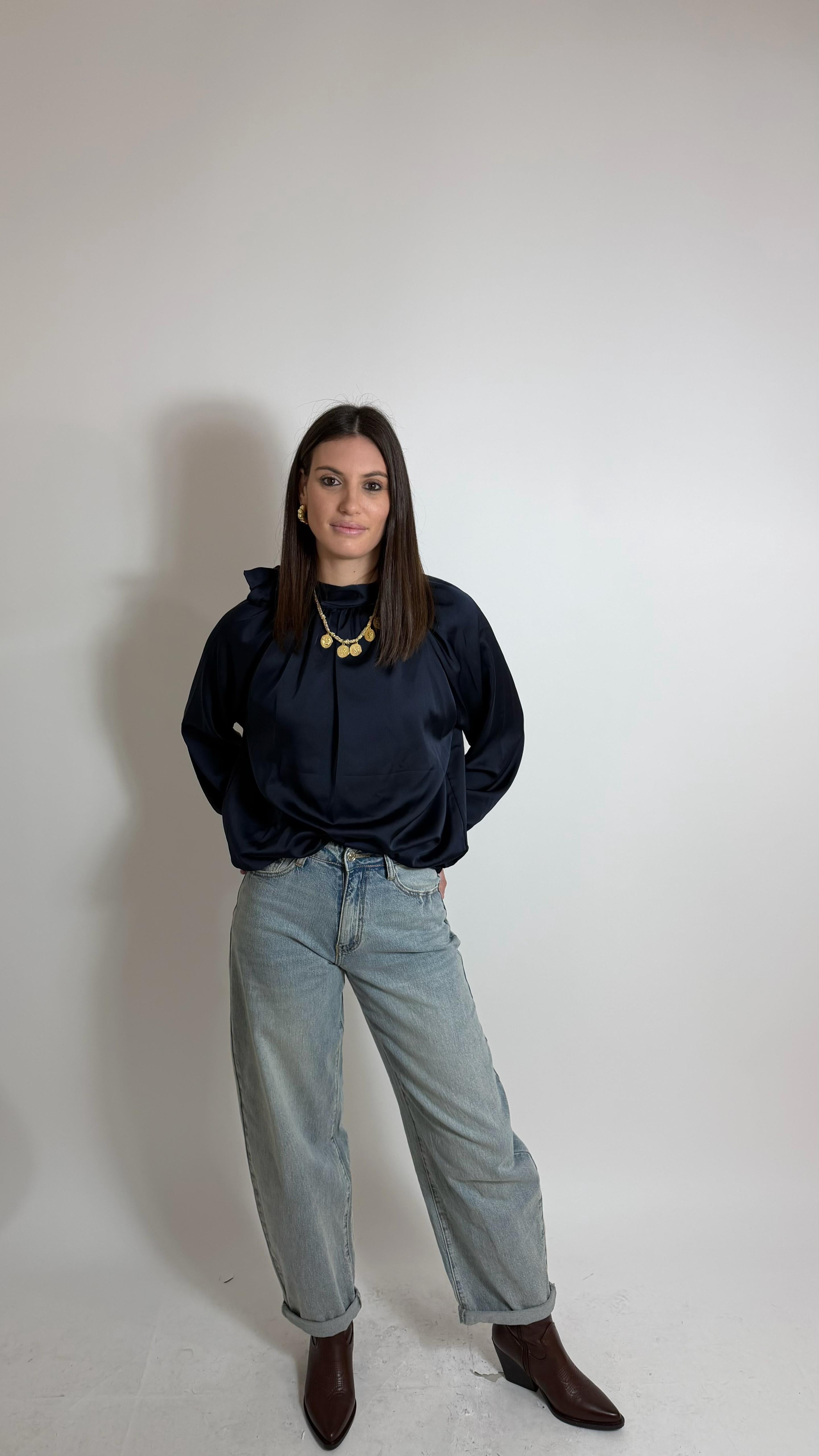 Camicia Fiocco Effetto Raso Blu Notte