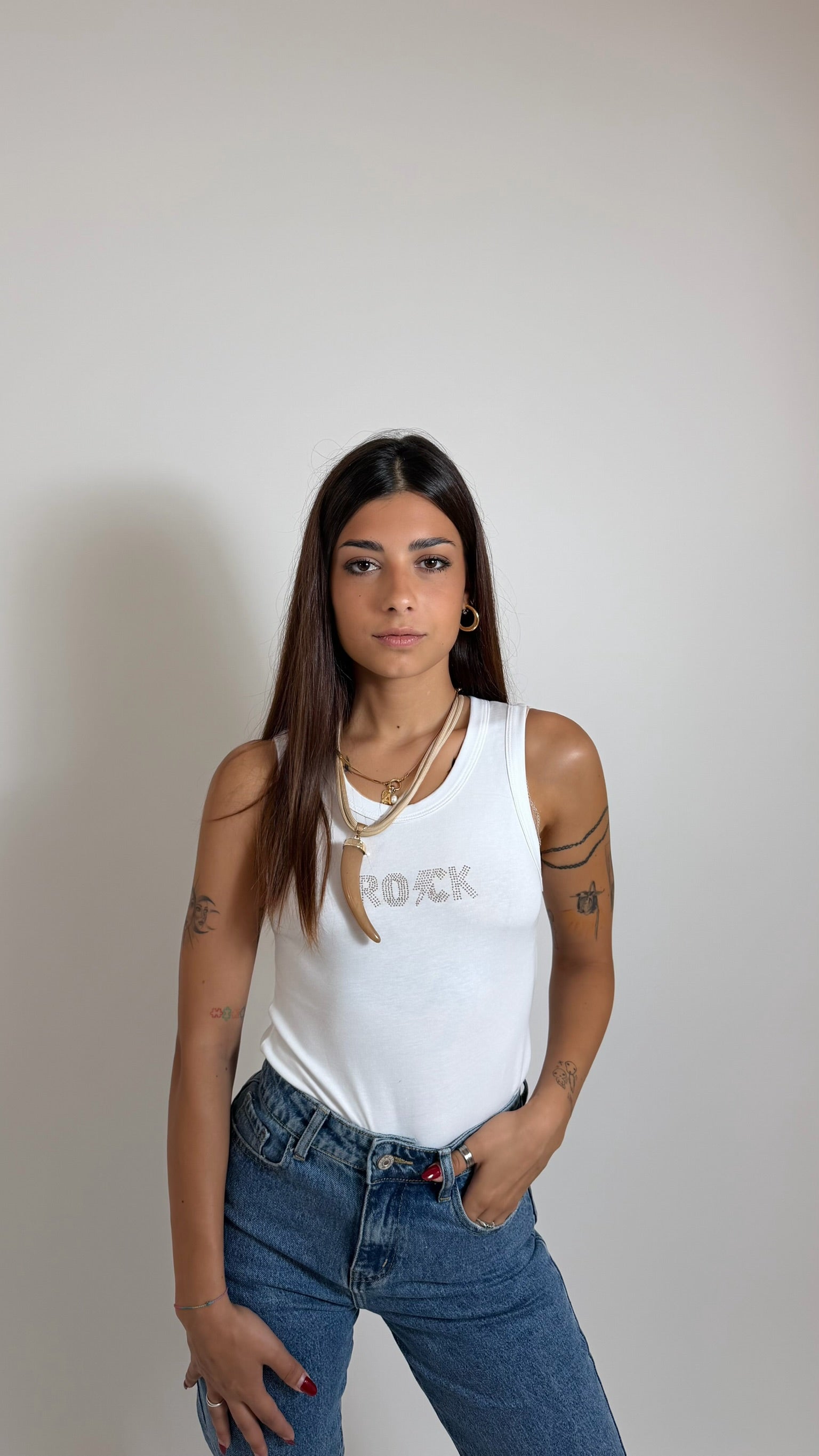 Canotta Rock Strass Bianca