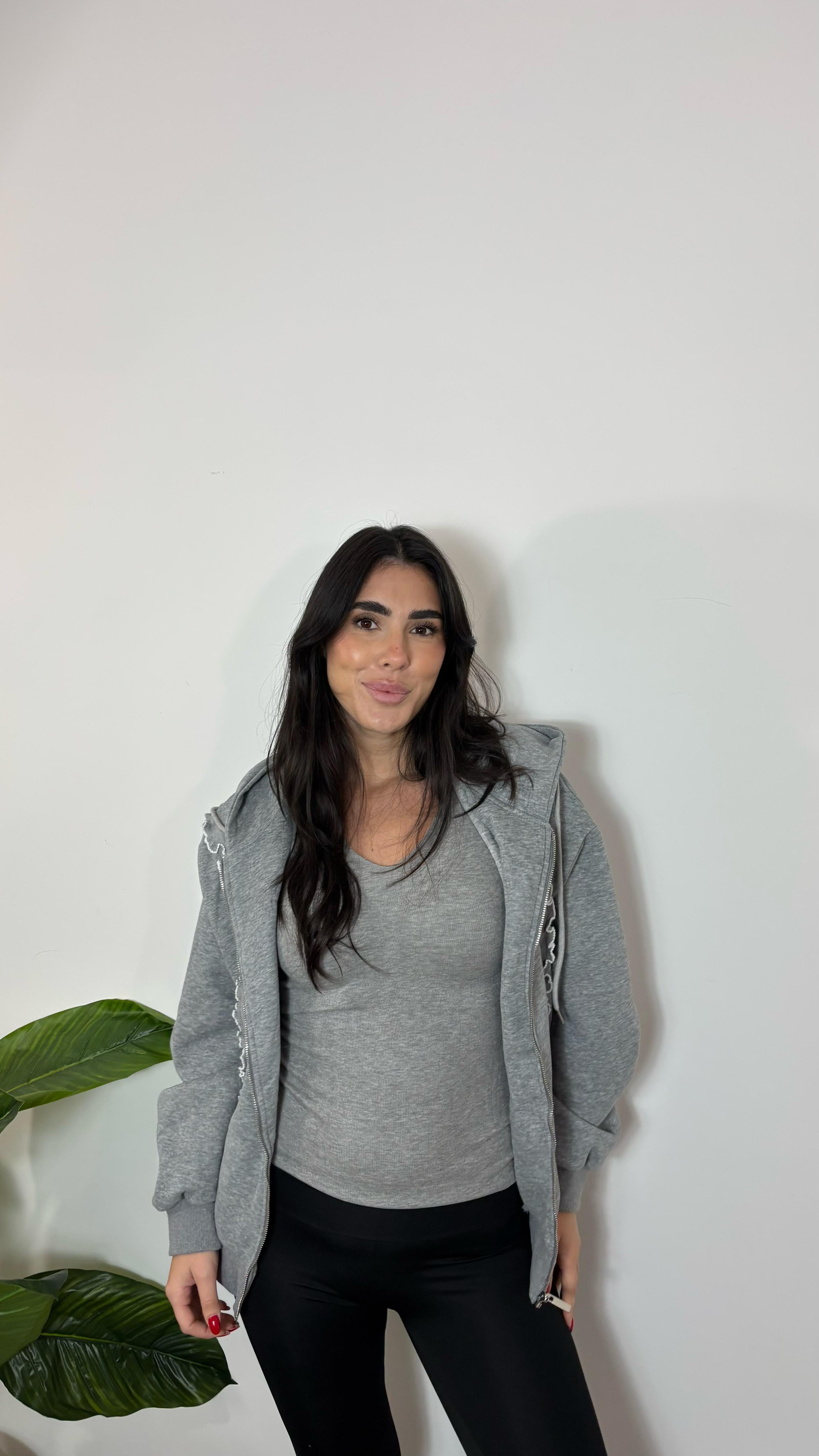 Felpa Con Zip e Volant Grigio Perla