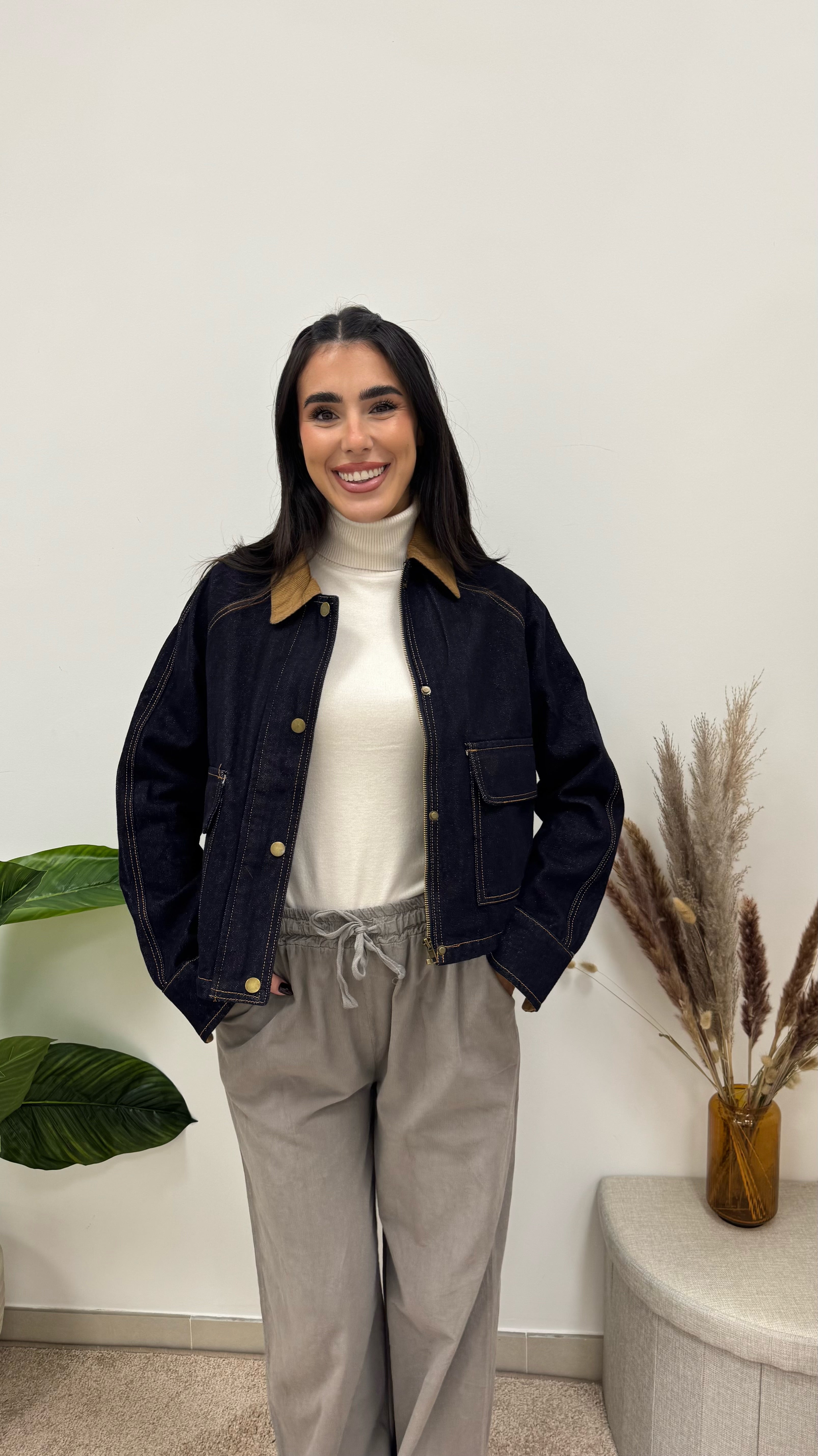 Giacca Denim con Colletto a Contrasto