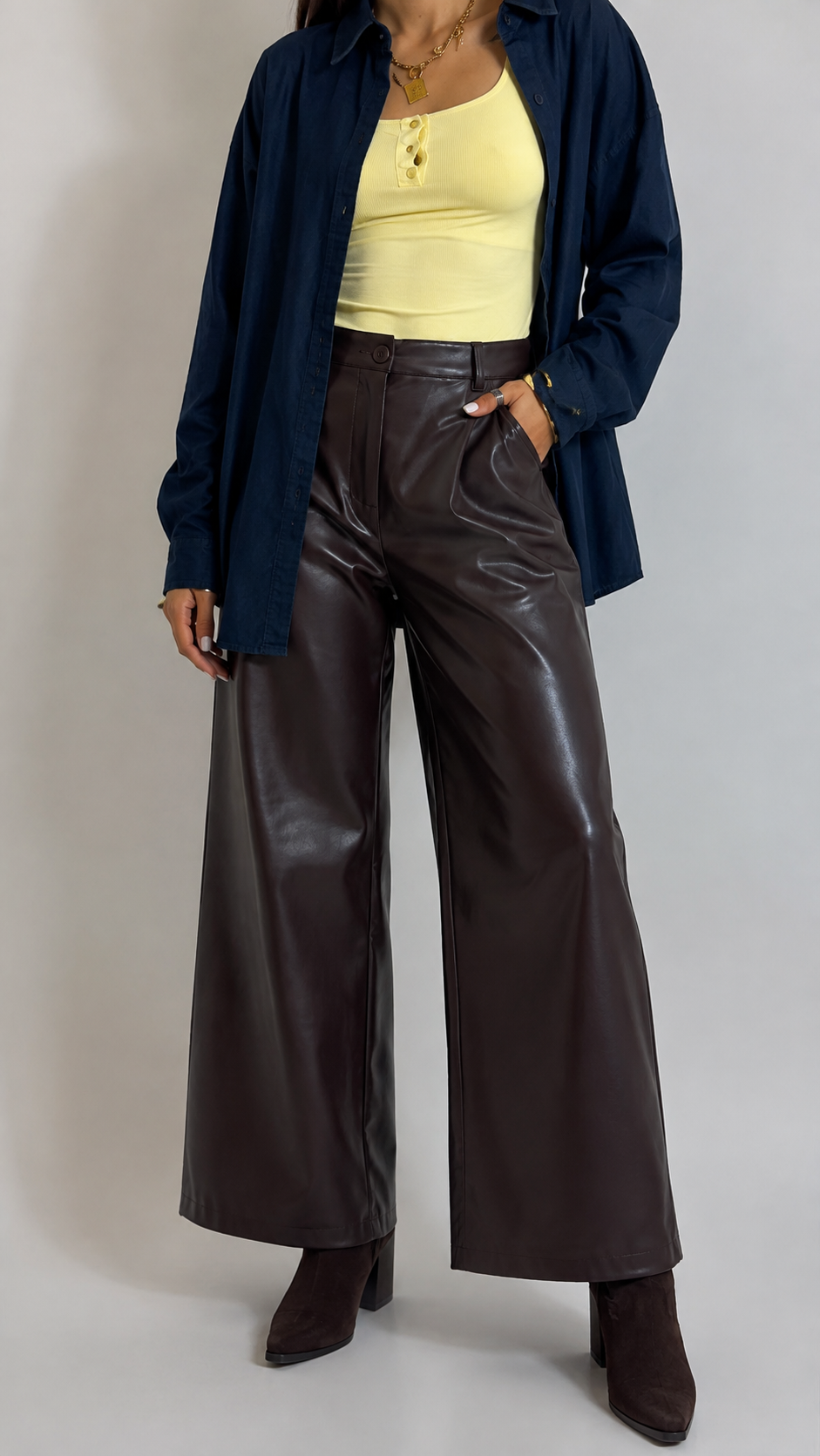 Pantalone Wide Ecopelle Choco