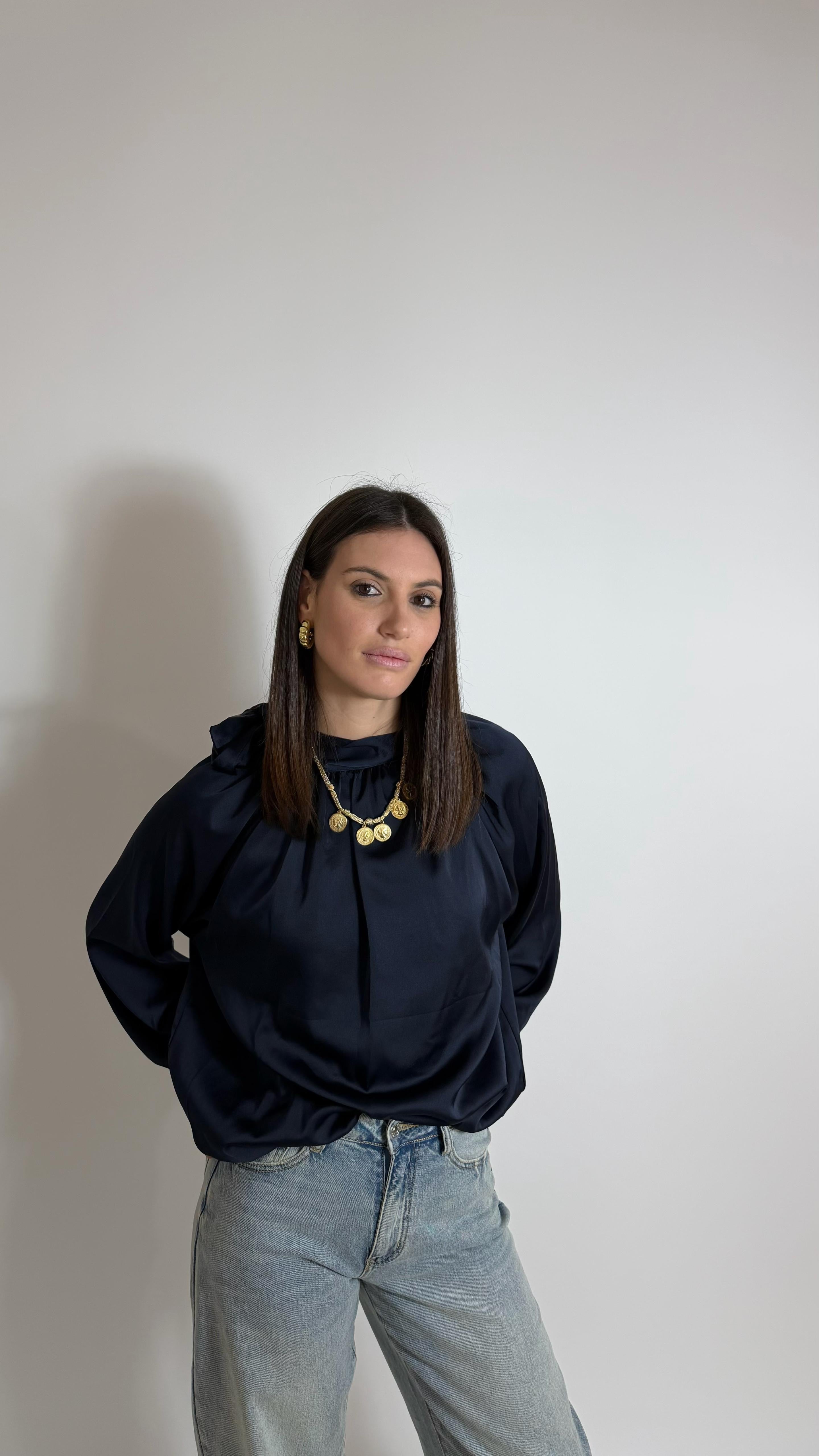 Camicia Fiocco Effetto Raso Blu Notte