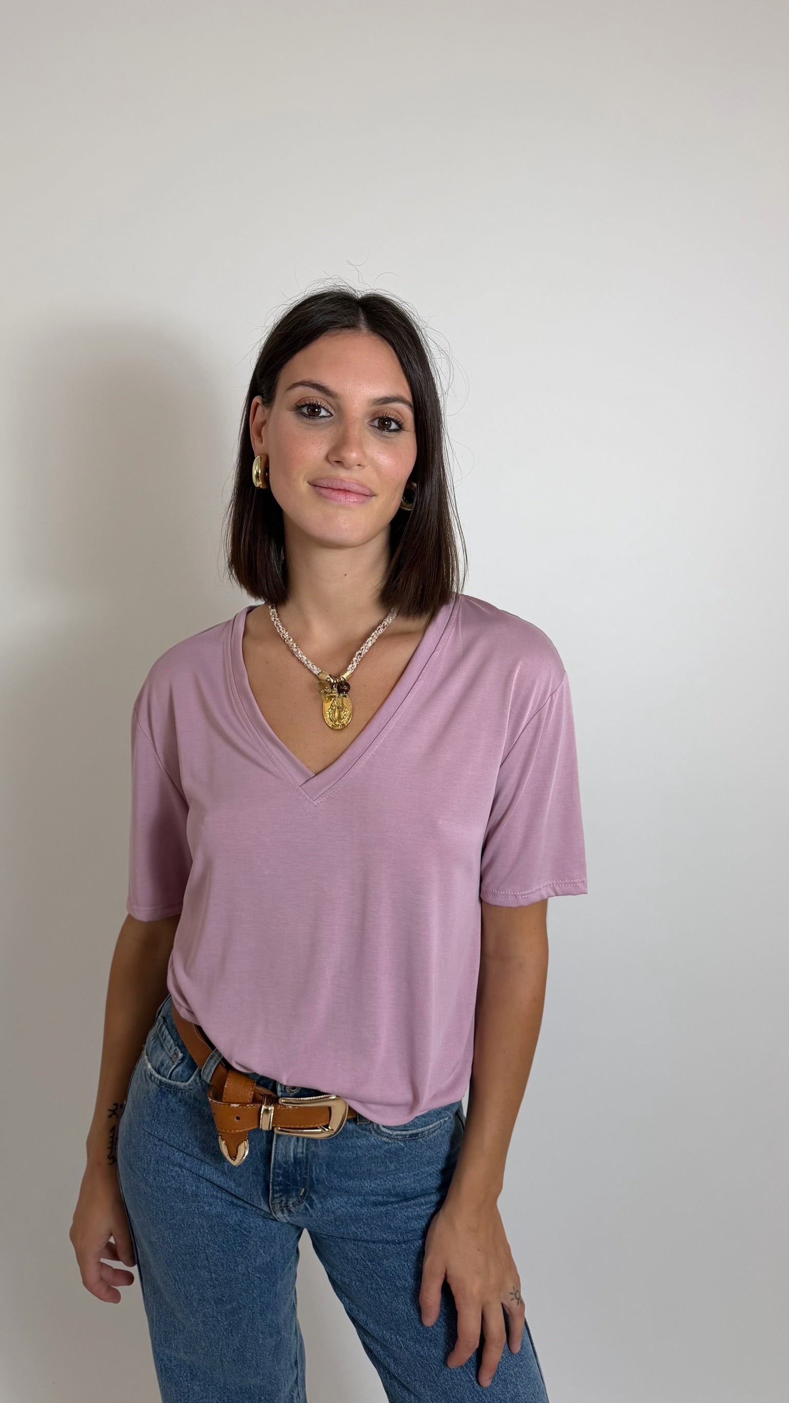 T-Shirt Soft Scollo V Rosa Antico