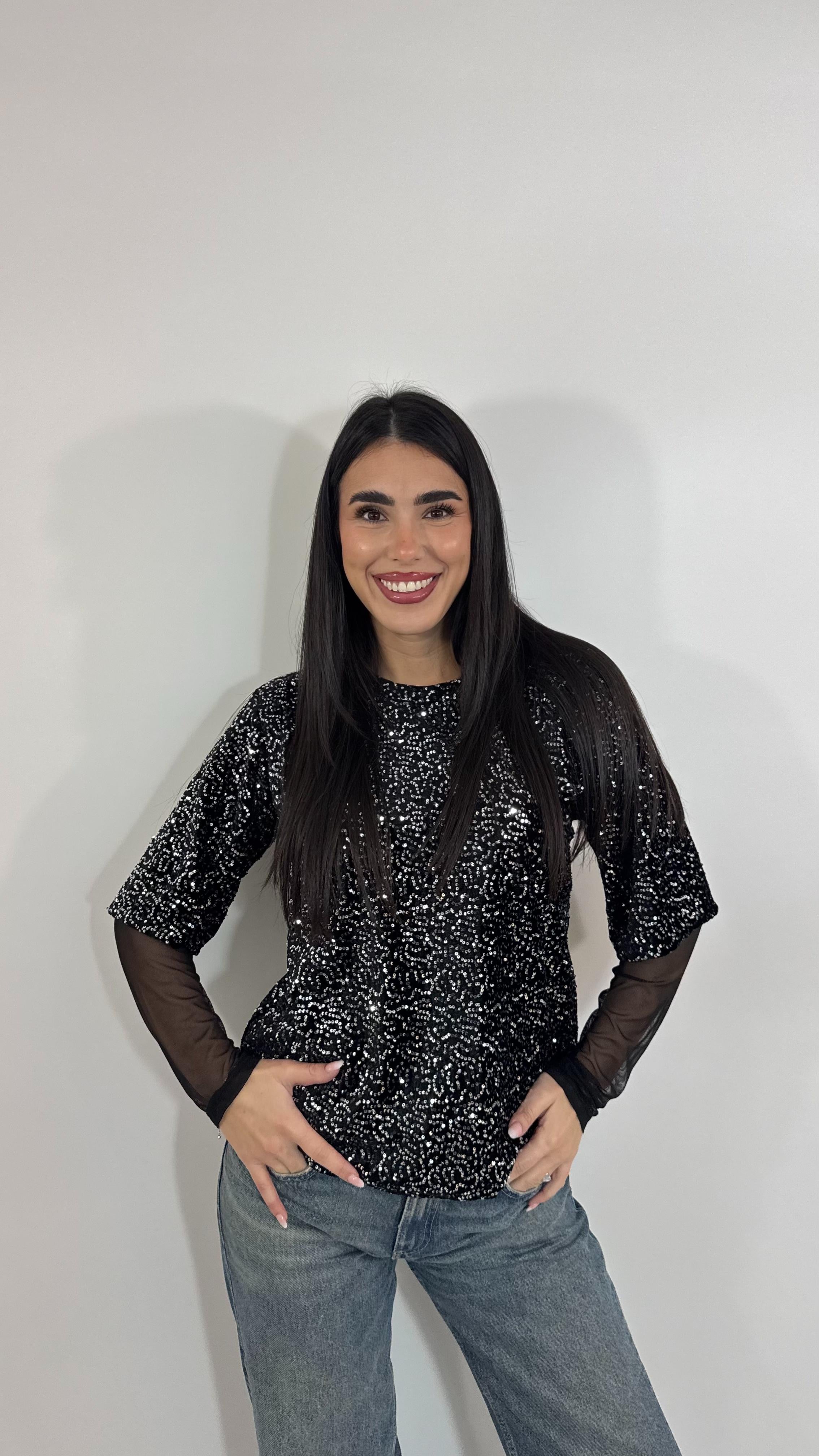 🥂 Maglia Paillettes Manica Tulle Silver Black