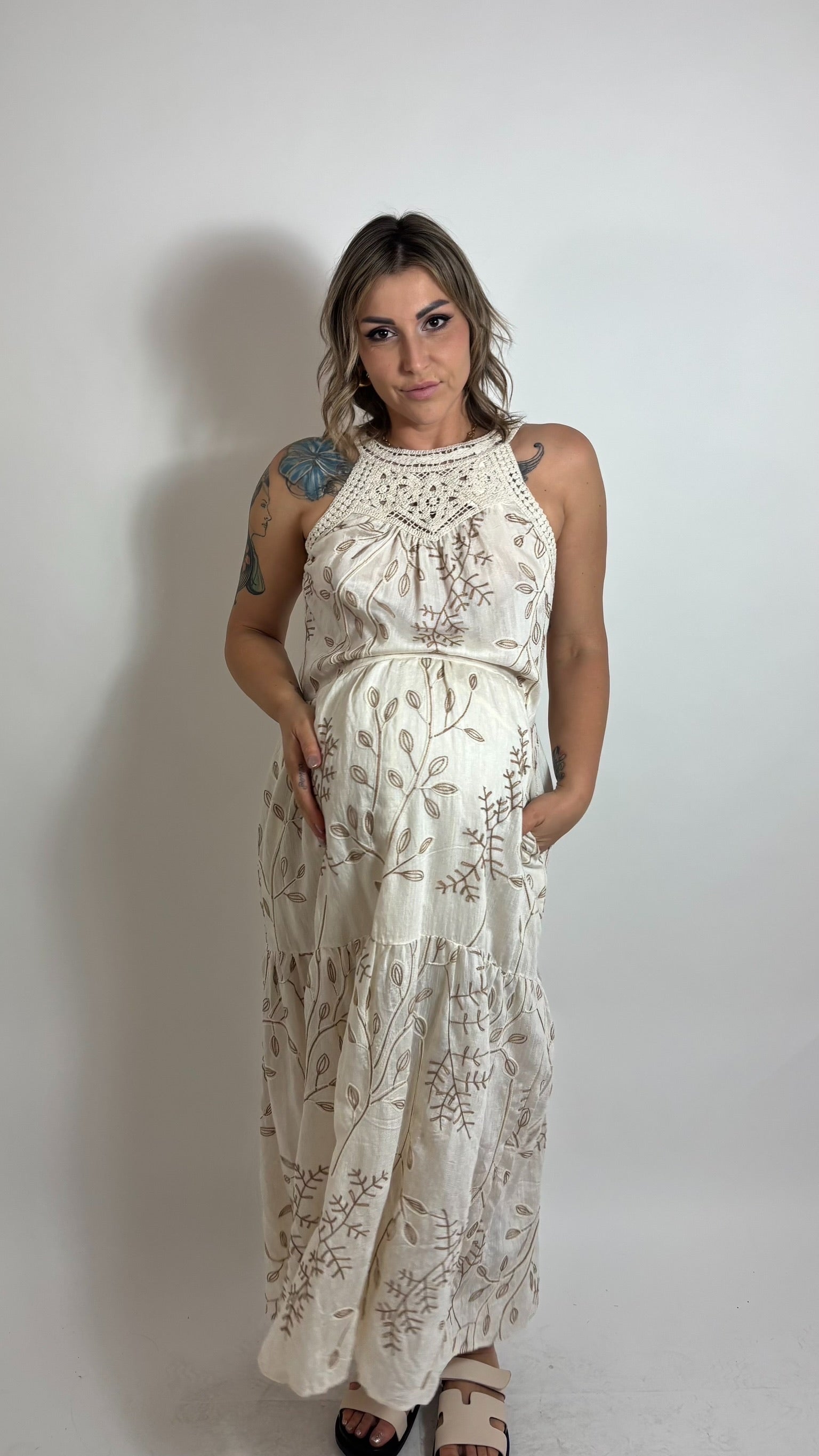 Maxi Dress Crochet Leaves Ecru