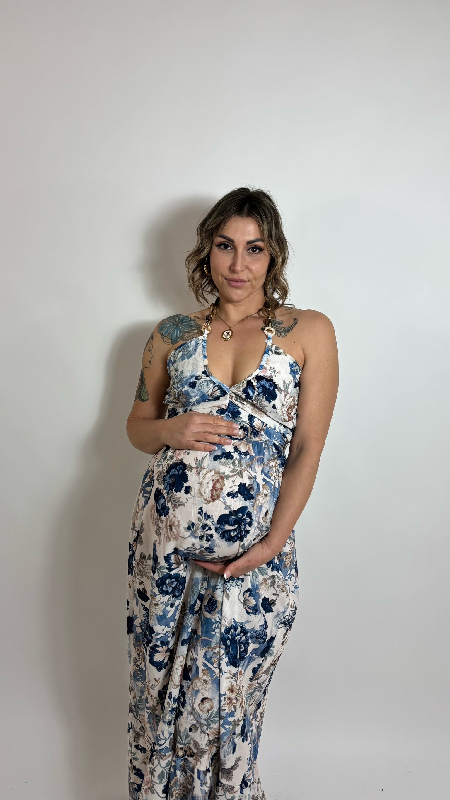 Maxi Dress Flower Jewel Blu
