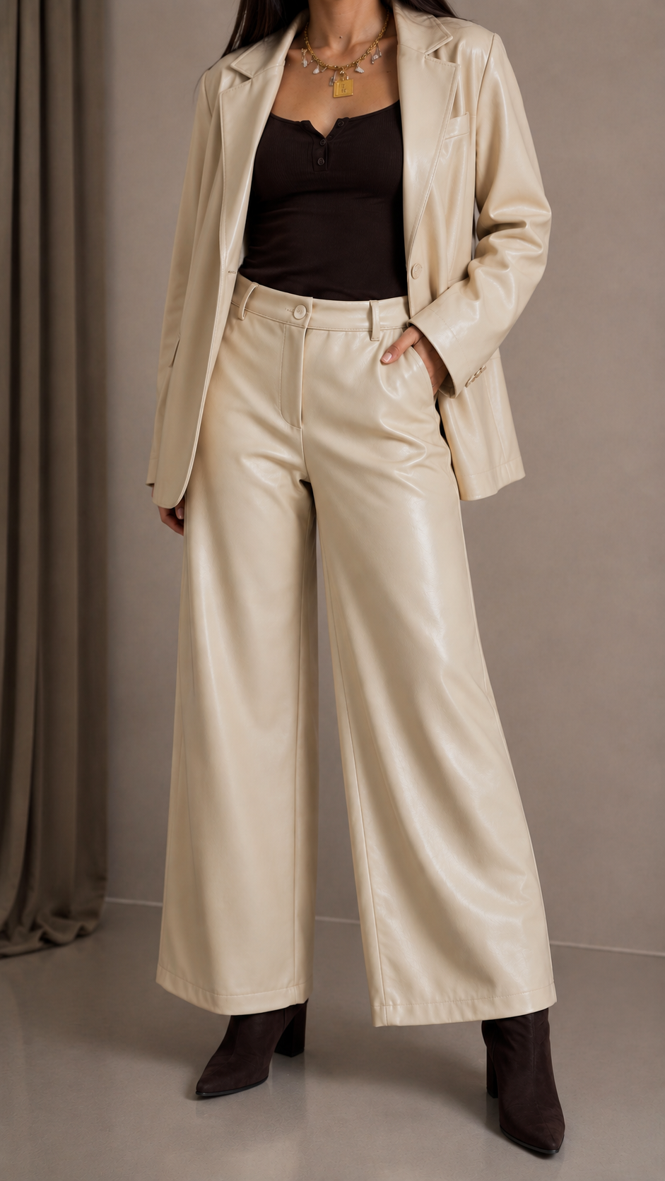 Pantalone Wide Ecopelle Burro