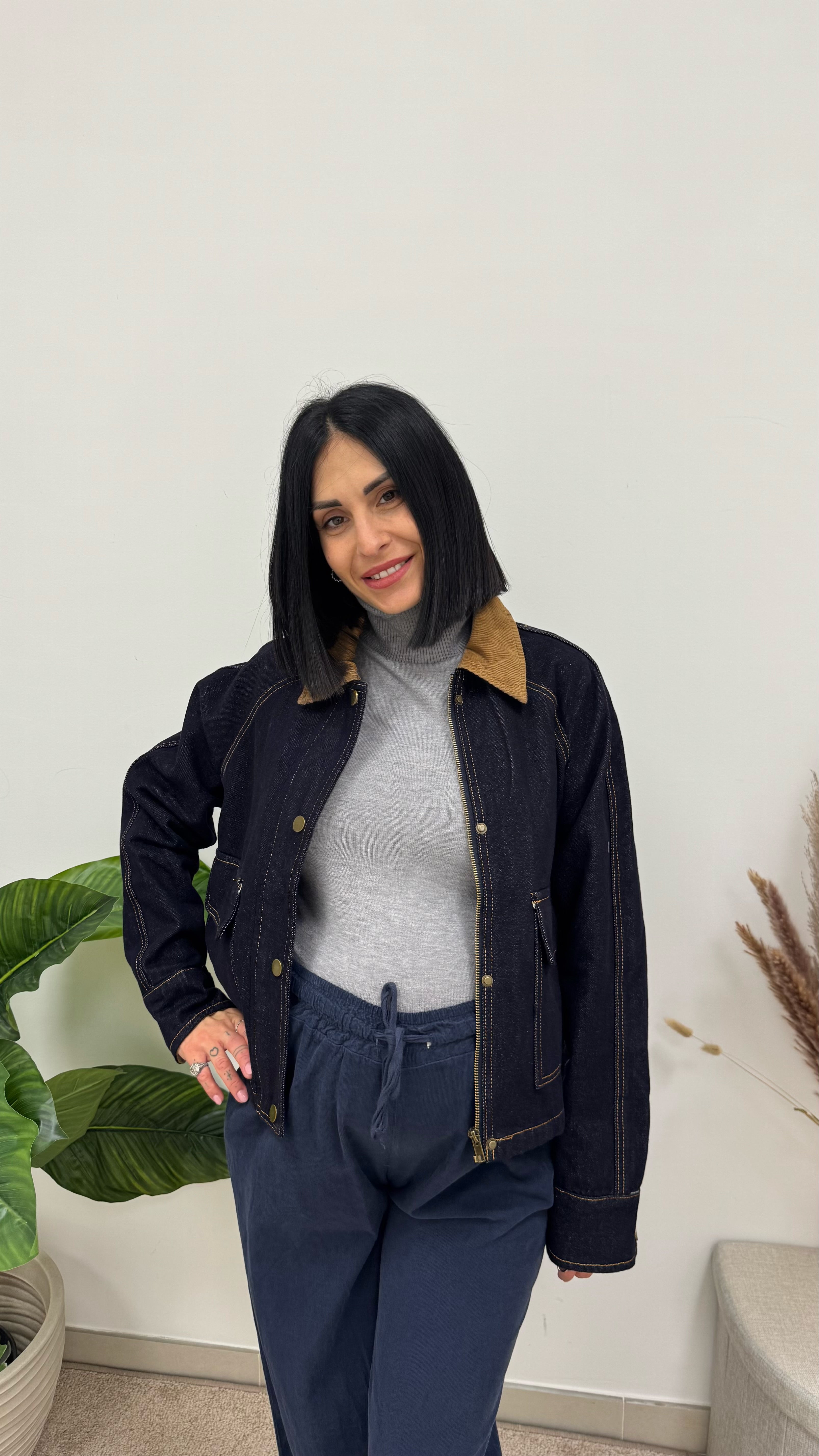 Giacca Denim con Colletto a Contrasto