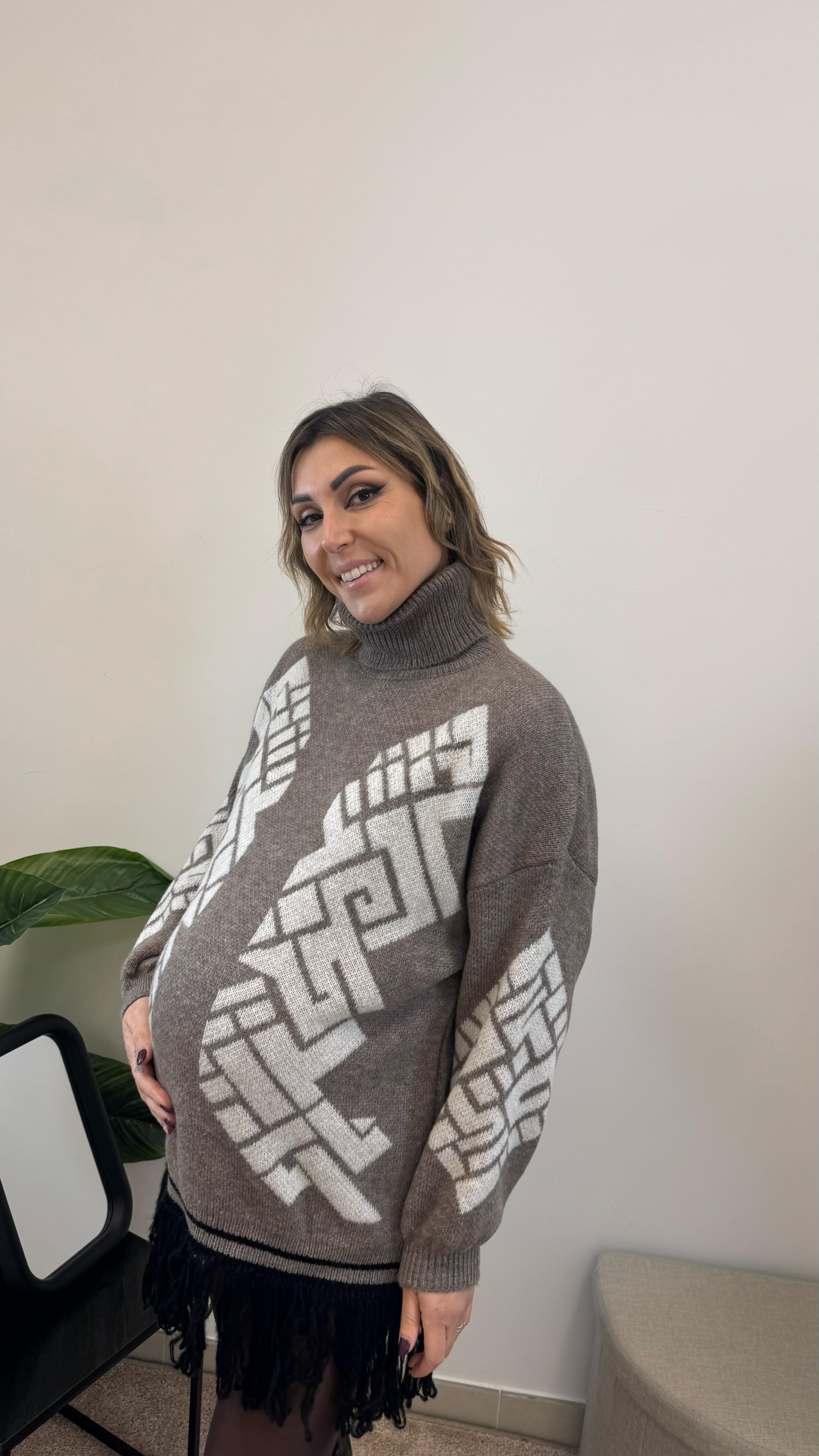 Maxi Pull Jacquard con Frange