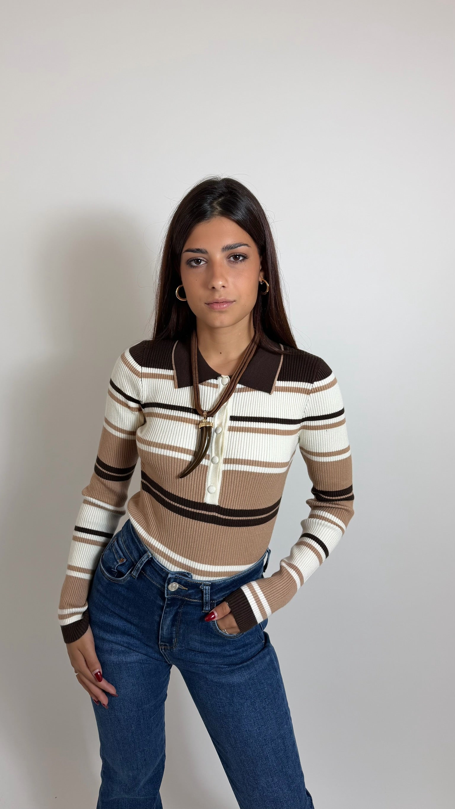 Maglia Polo Rib Stripe Burro/Choco