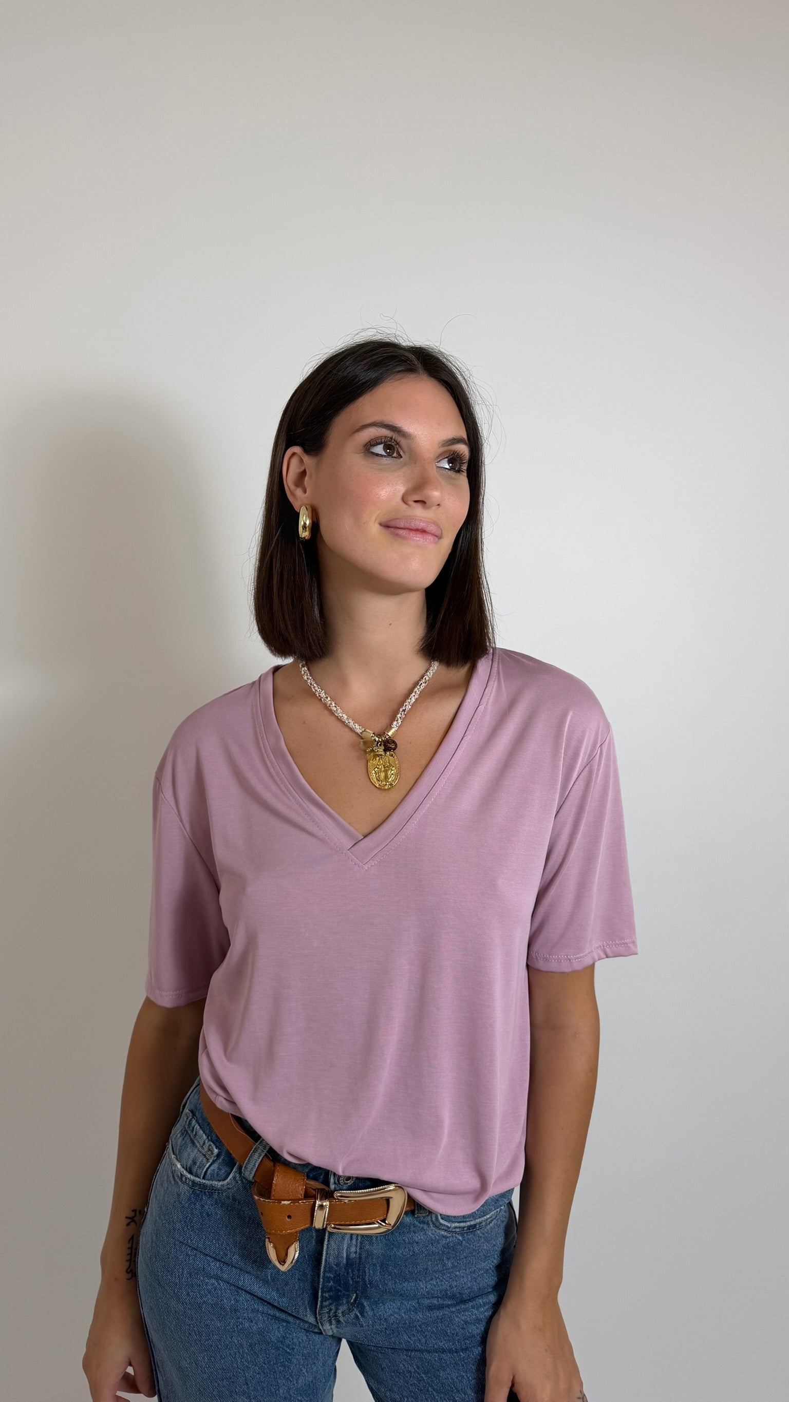 T-Shirt Soft Scollo V Rosa Antico
