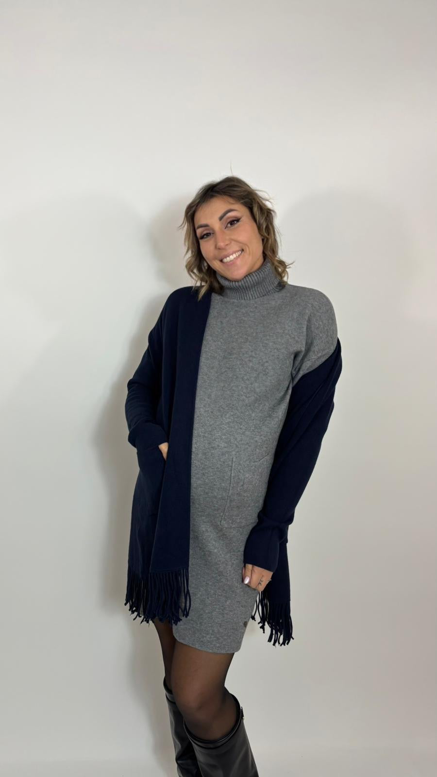 Cardigan Pocket Fringe Blu Notte