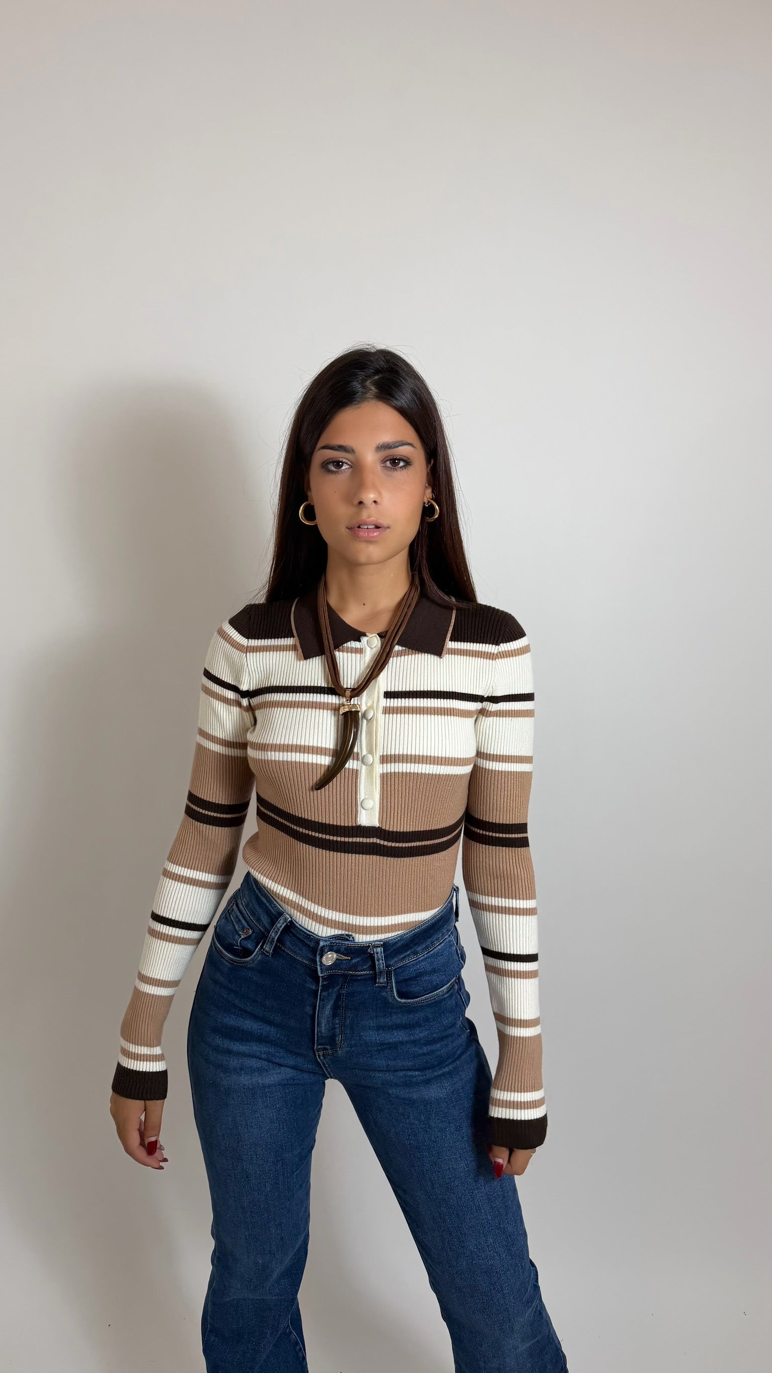 Maglia Polo Rib Stripe Burro/Choco