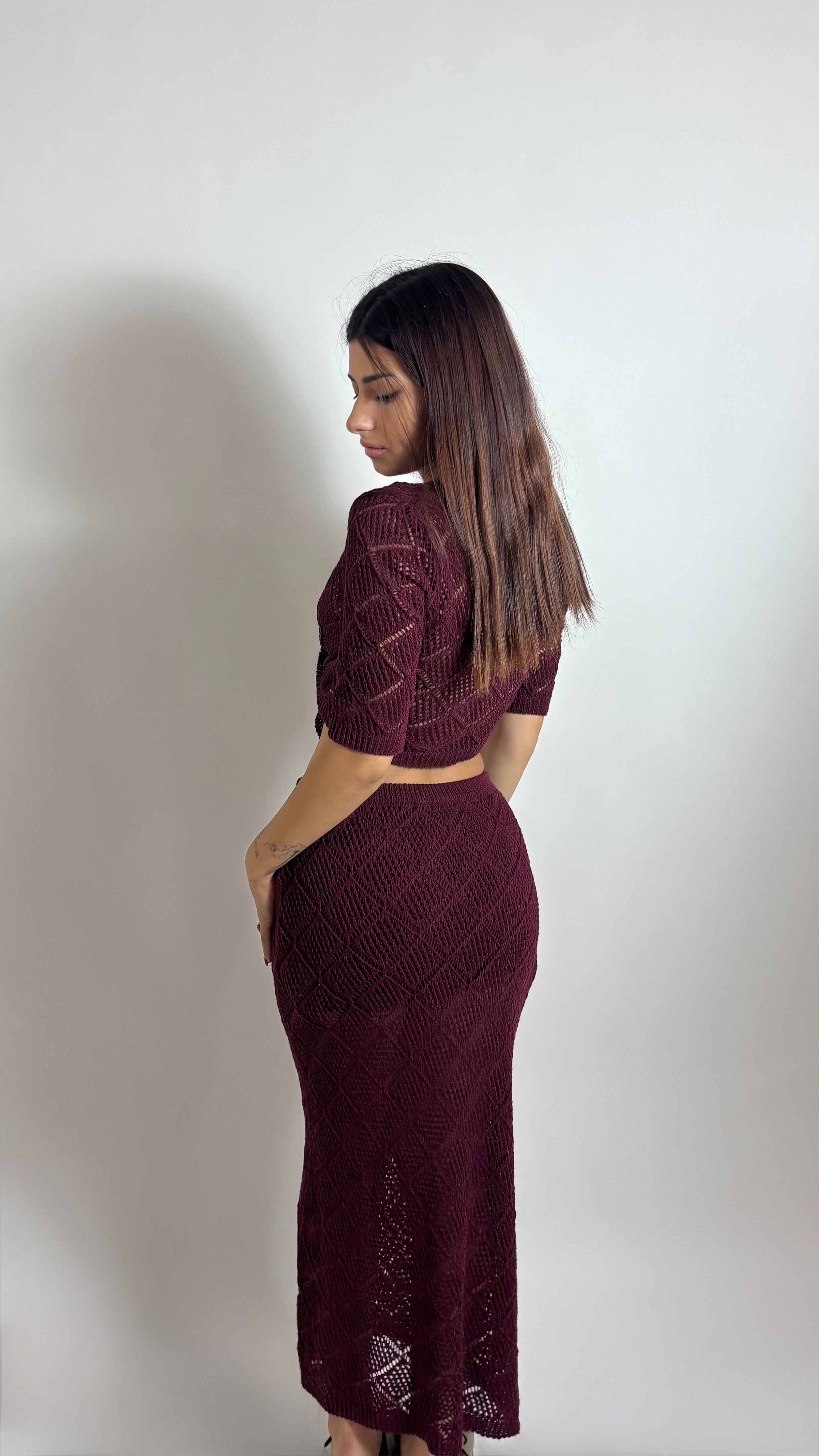 Set Cardigan & Skirt Crochet Burgundy