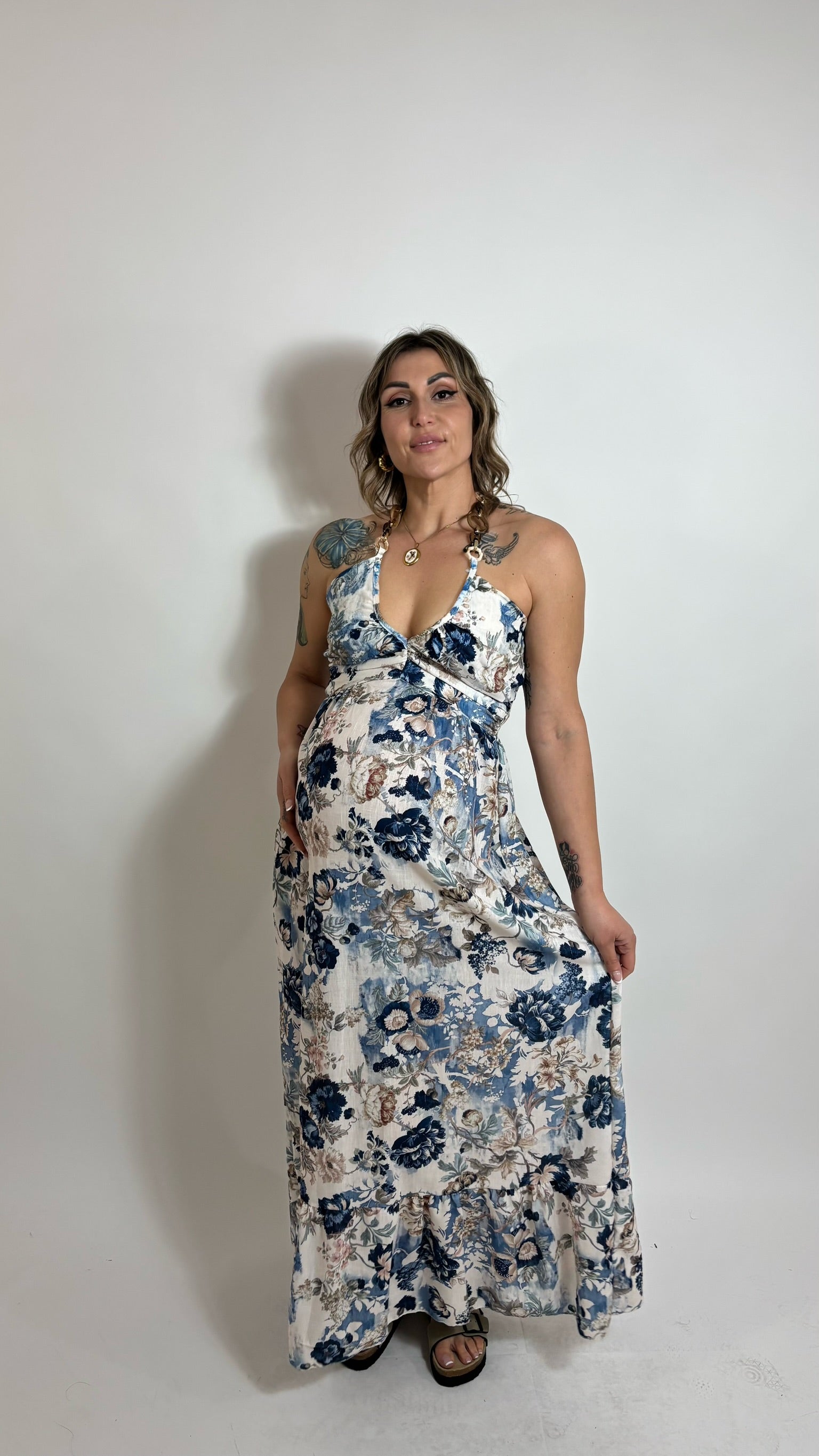 Maxi Dress Flower Jewel Blu