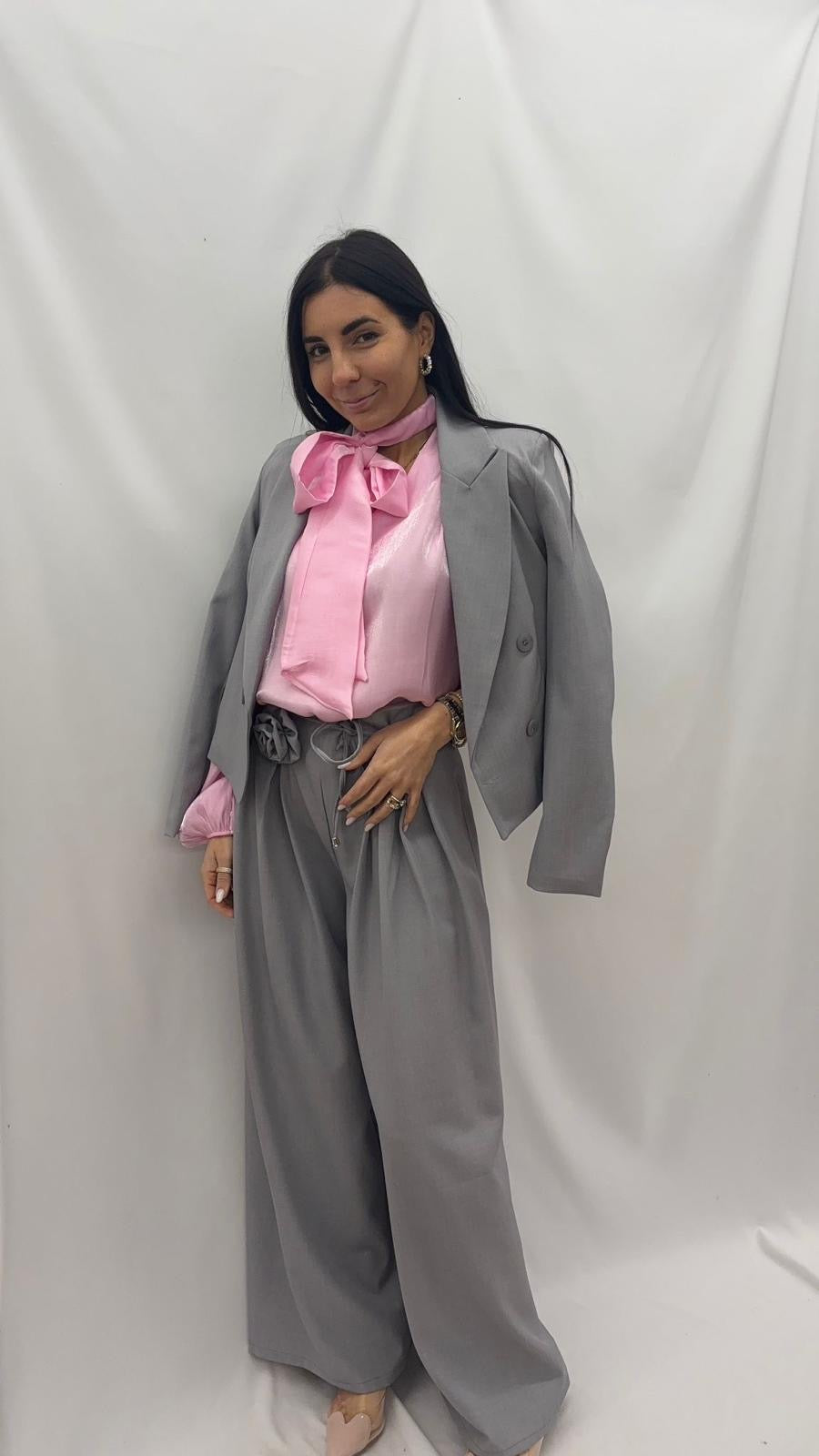 Tailleur Giacca Crop e Panta Palazzo Grigio Perla