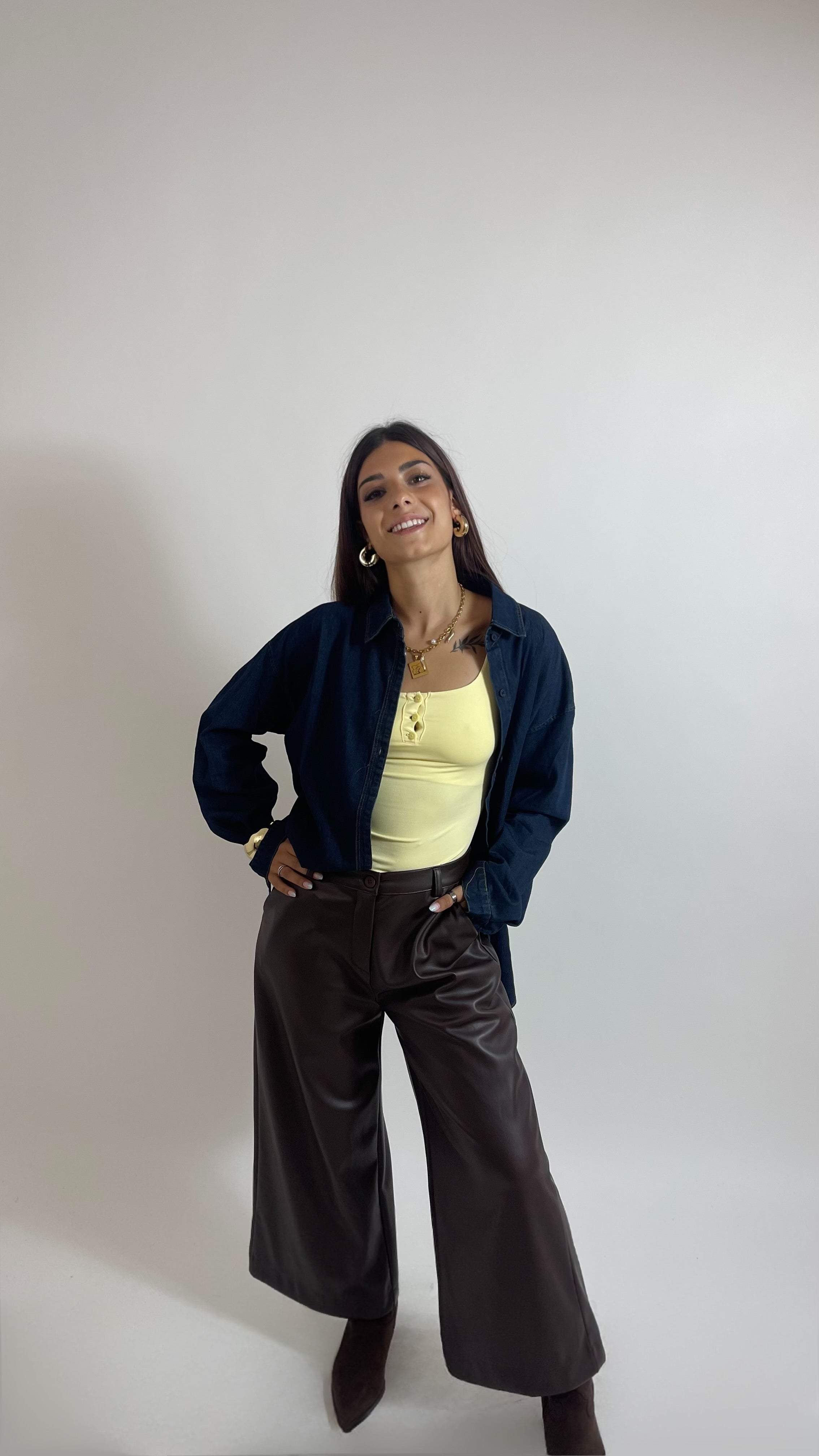 Pantalone Wide Ecopelle Choco