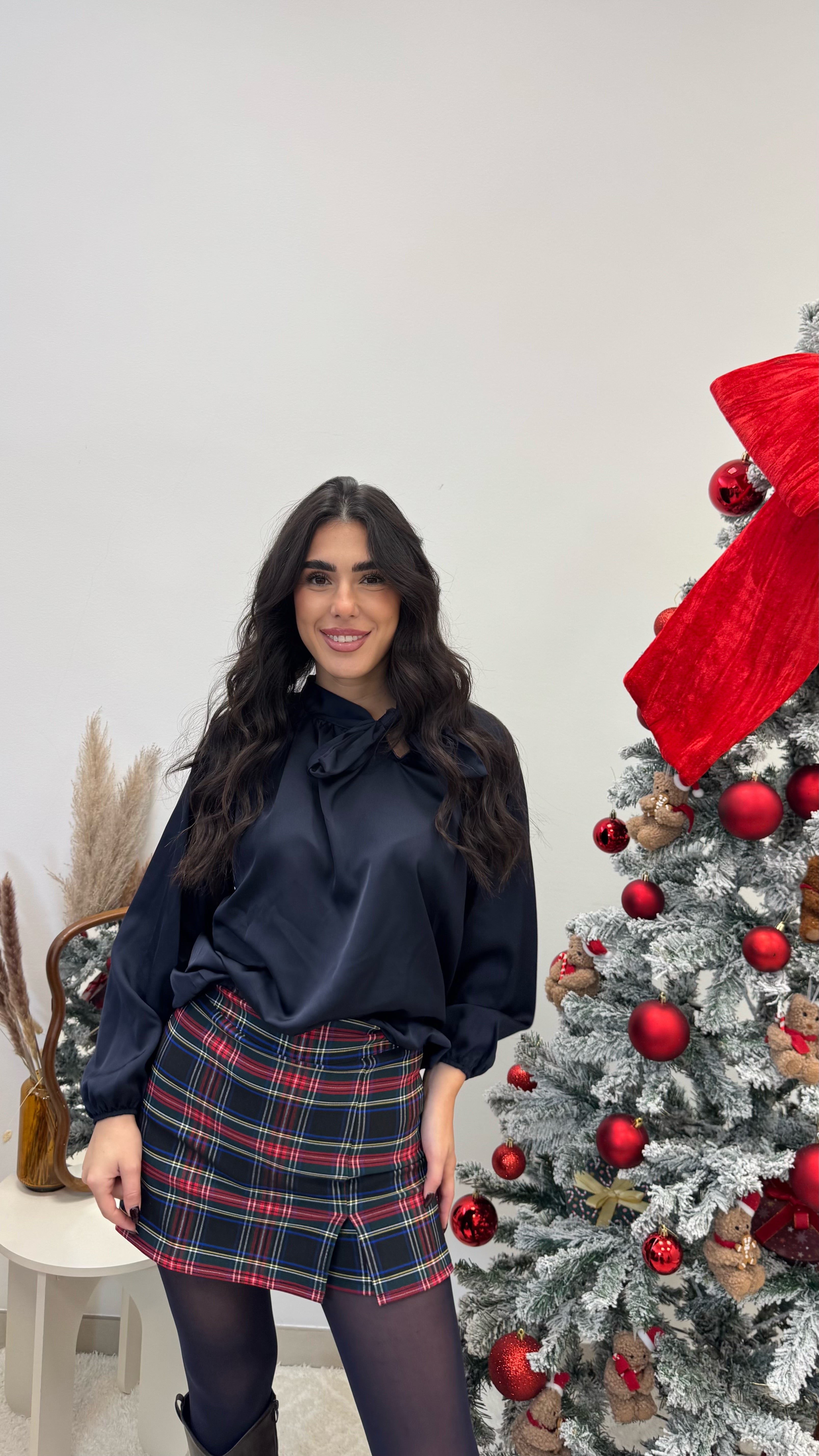 🥂Camicia Fiocco Effetto Raso Blu Notte