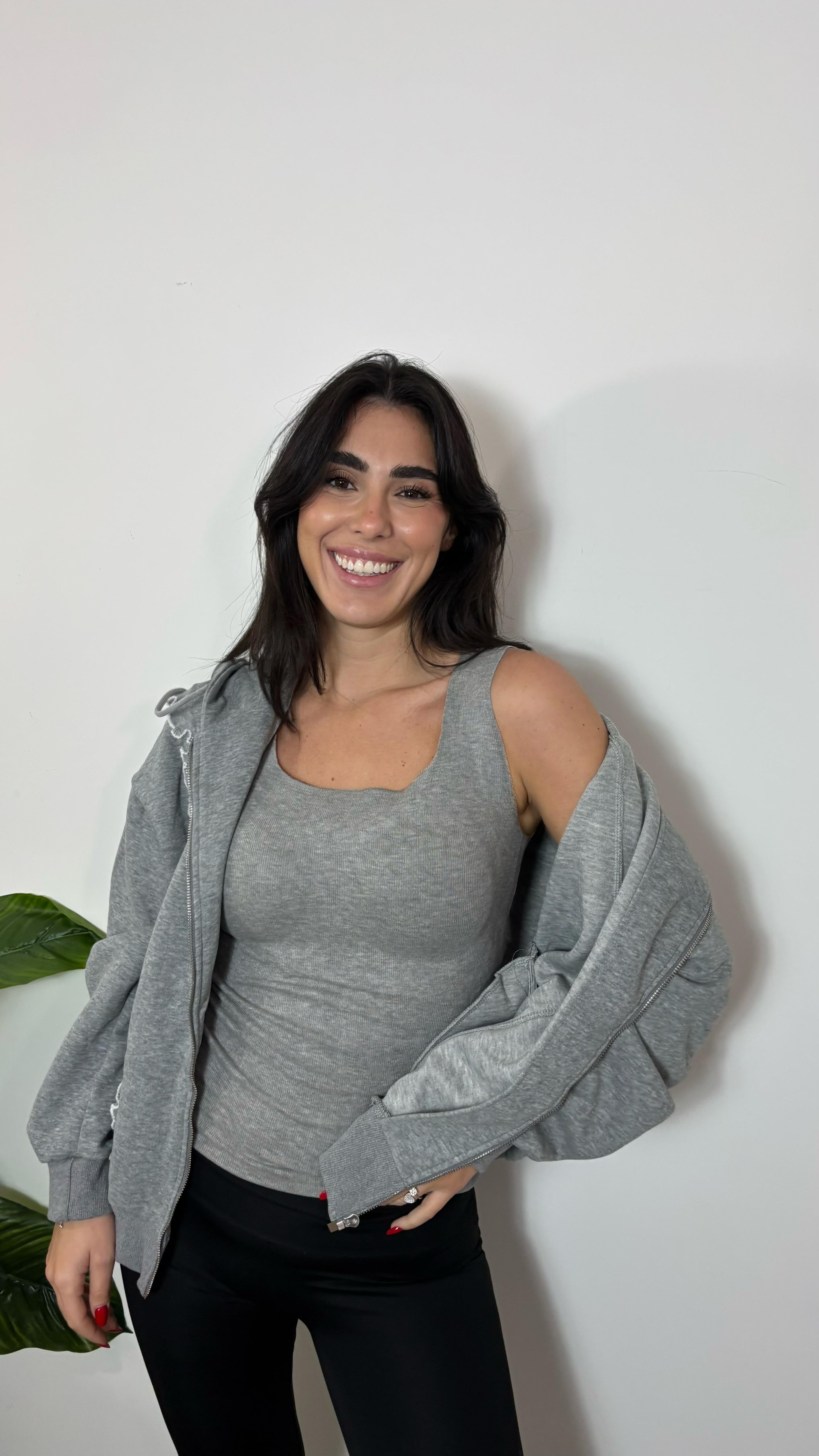 Felpa Con Zip e Volant Grigio Perla