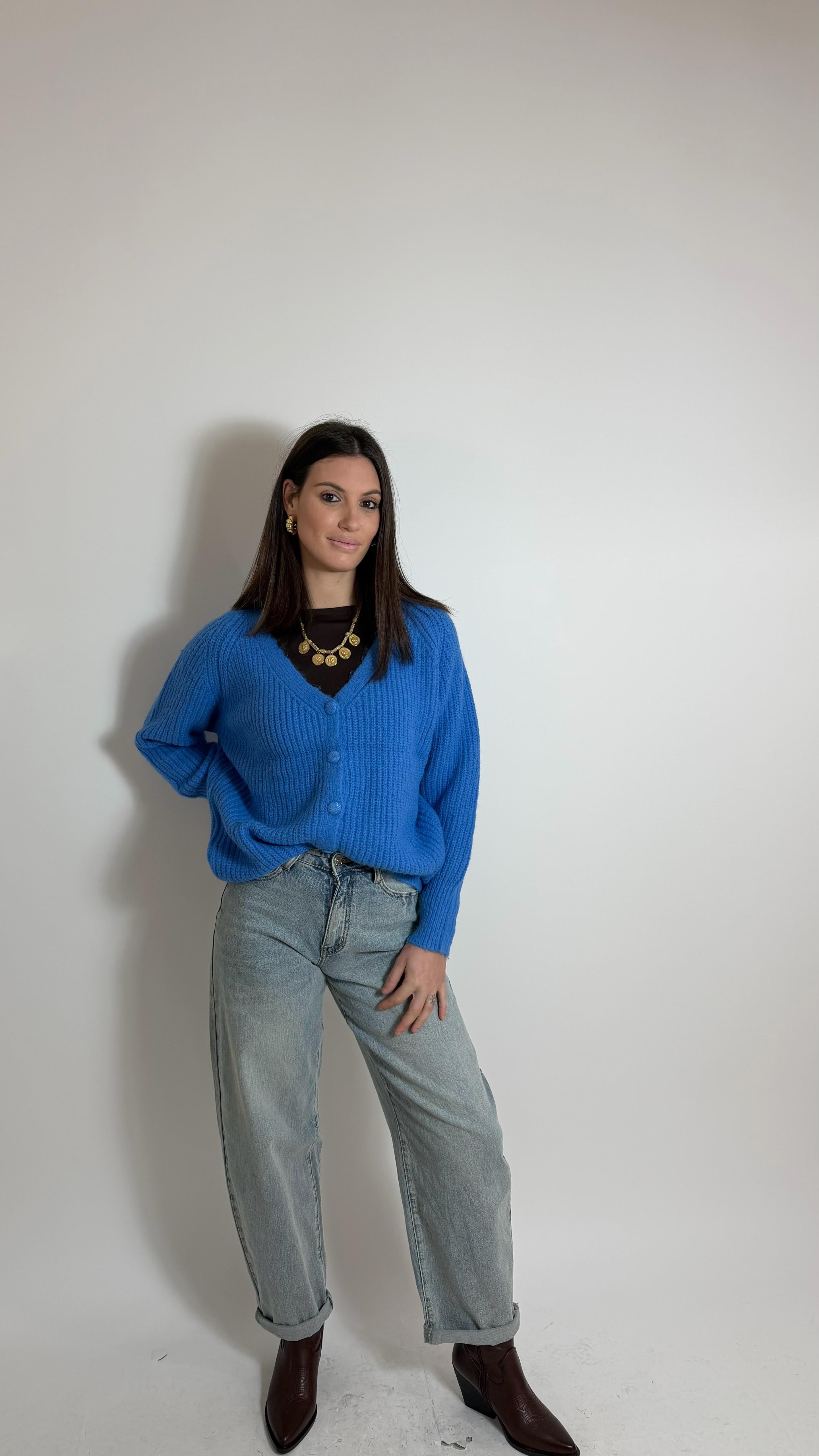 Cardigan Bottoni Rivestiti Sky Blue