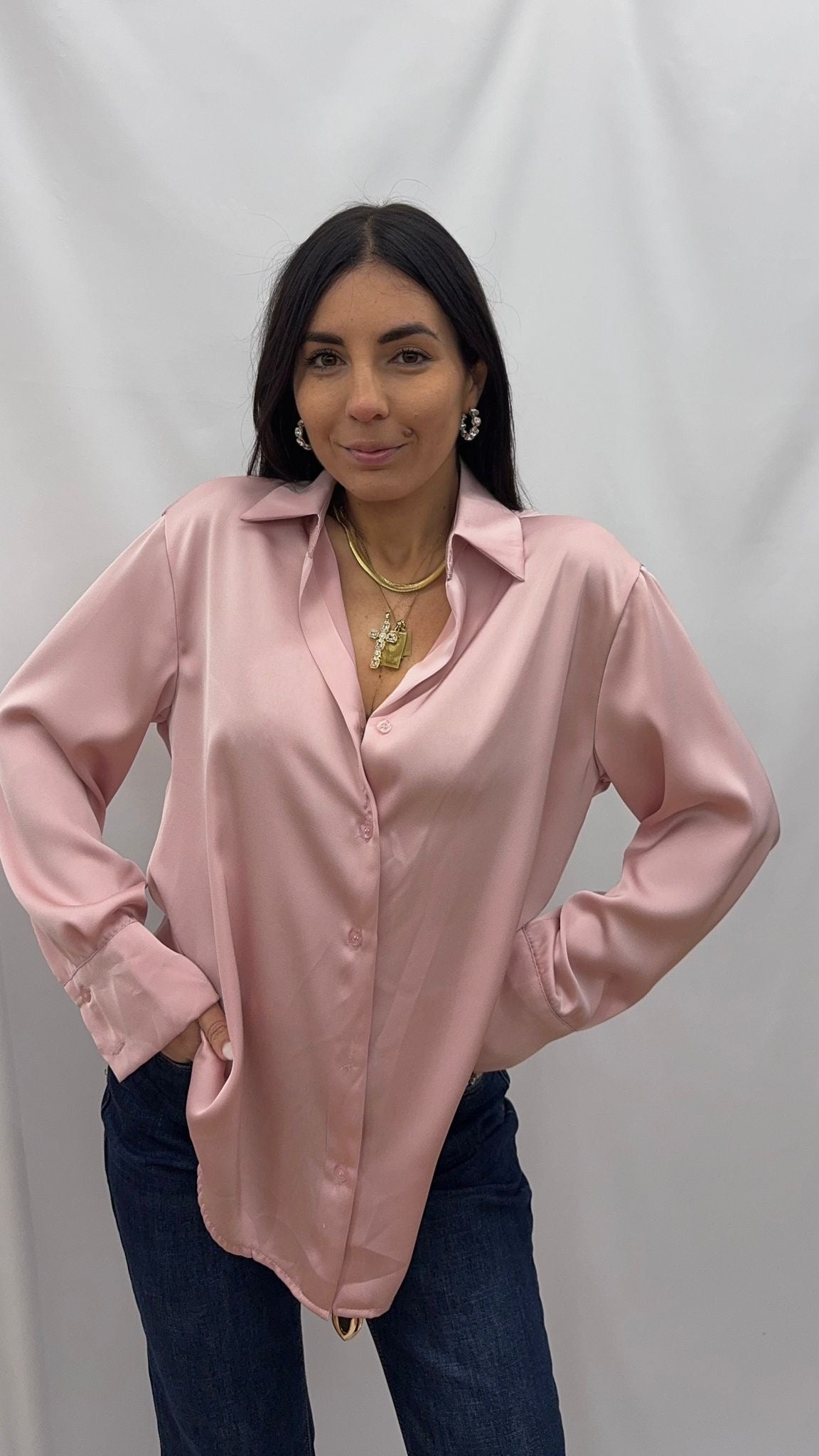 Camicia over effetto raso Pink Soft