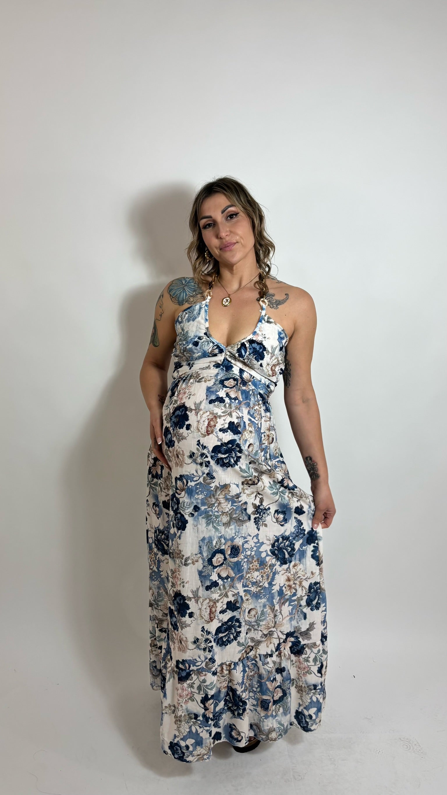 Maxi Dress Flower Jewel Blu