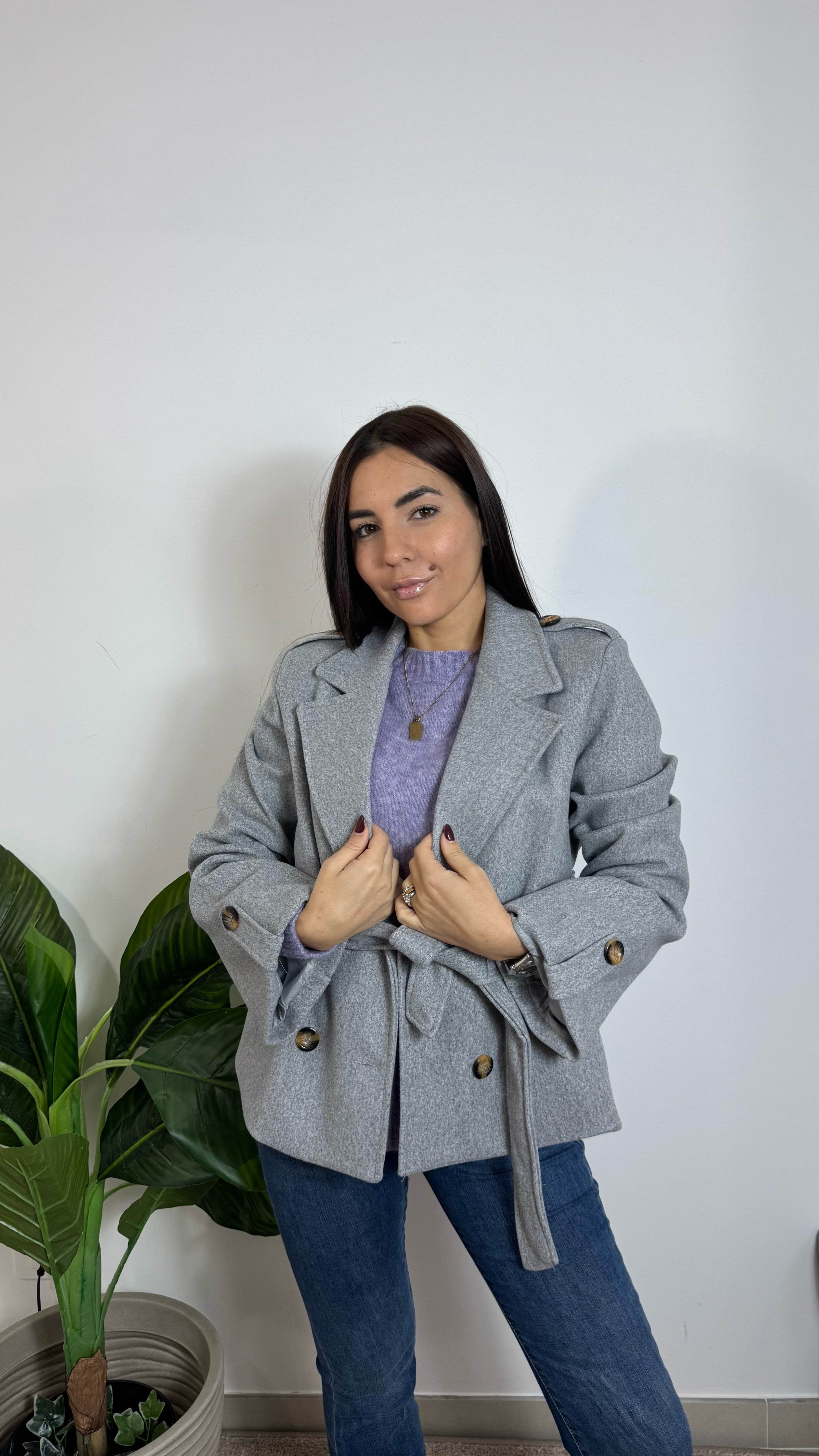 Mini Coat Con Cinta Grigio Perla