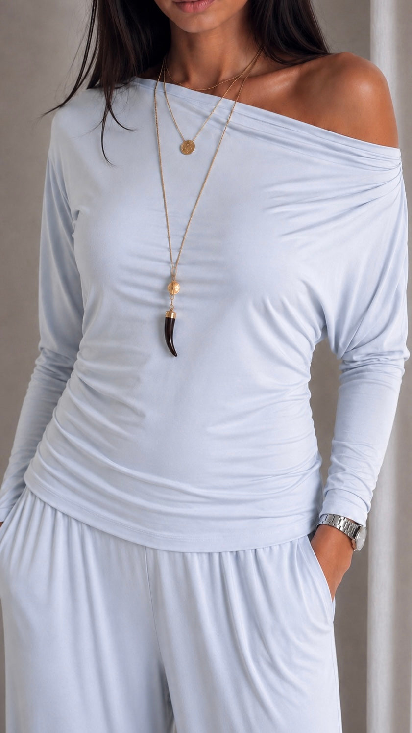 Maglia Yoga Second Skin Spalla scesa / Ghiaccio