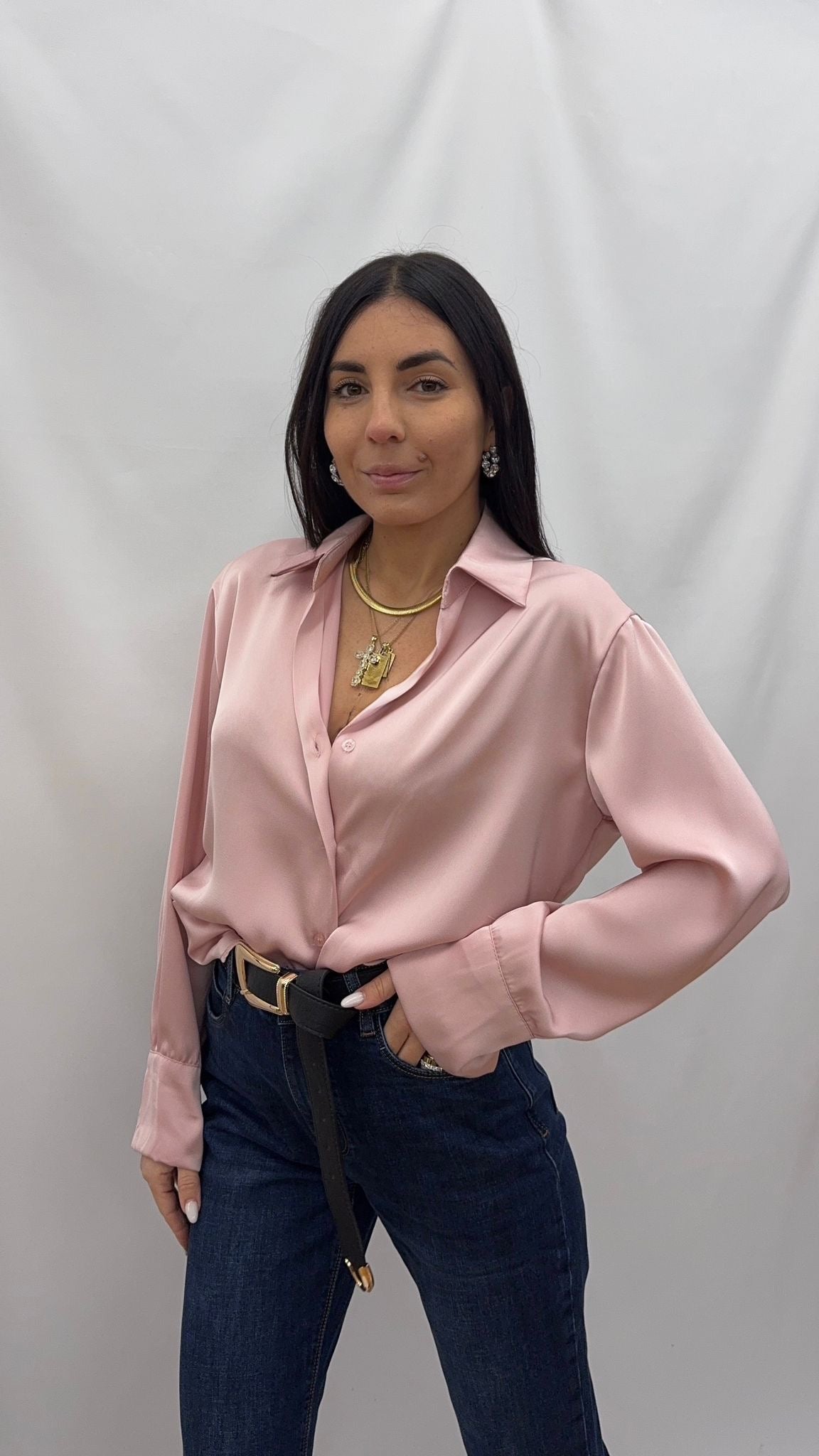 Camicia over effetto raso Pink Soft