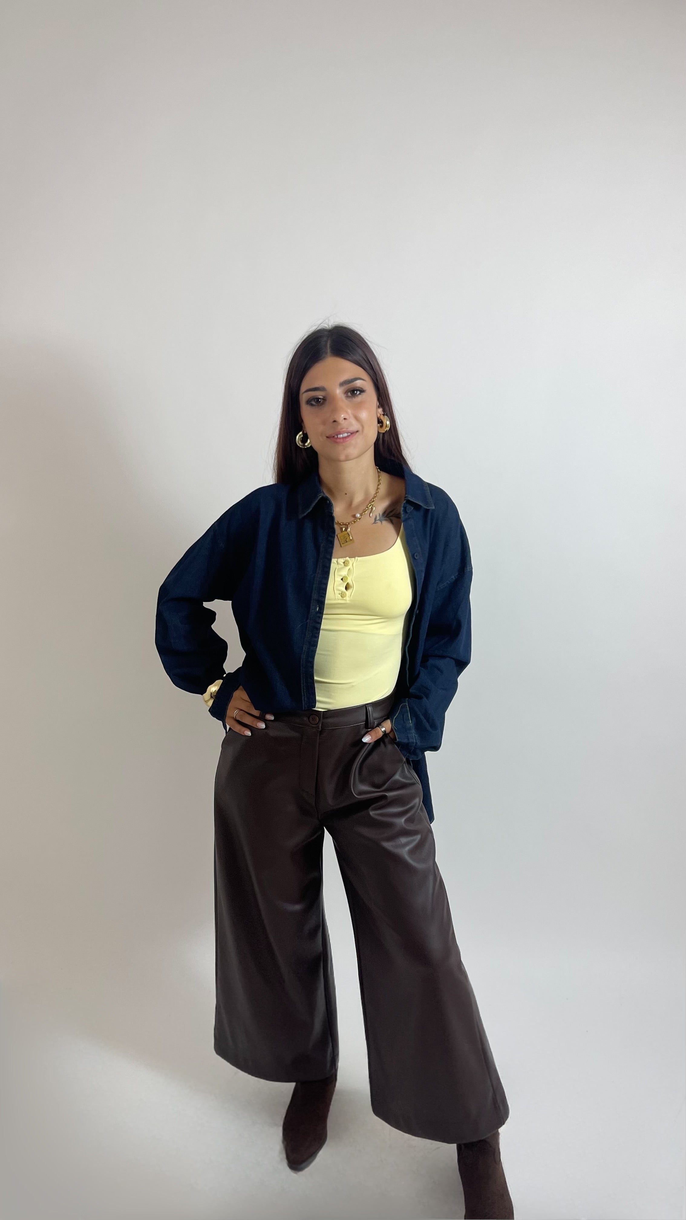 Pantalone Wide Ecopelle Choco