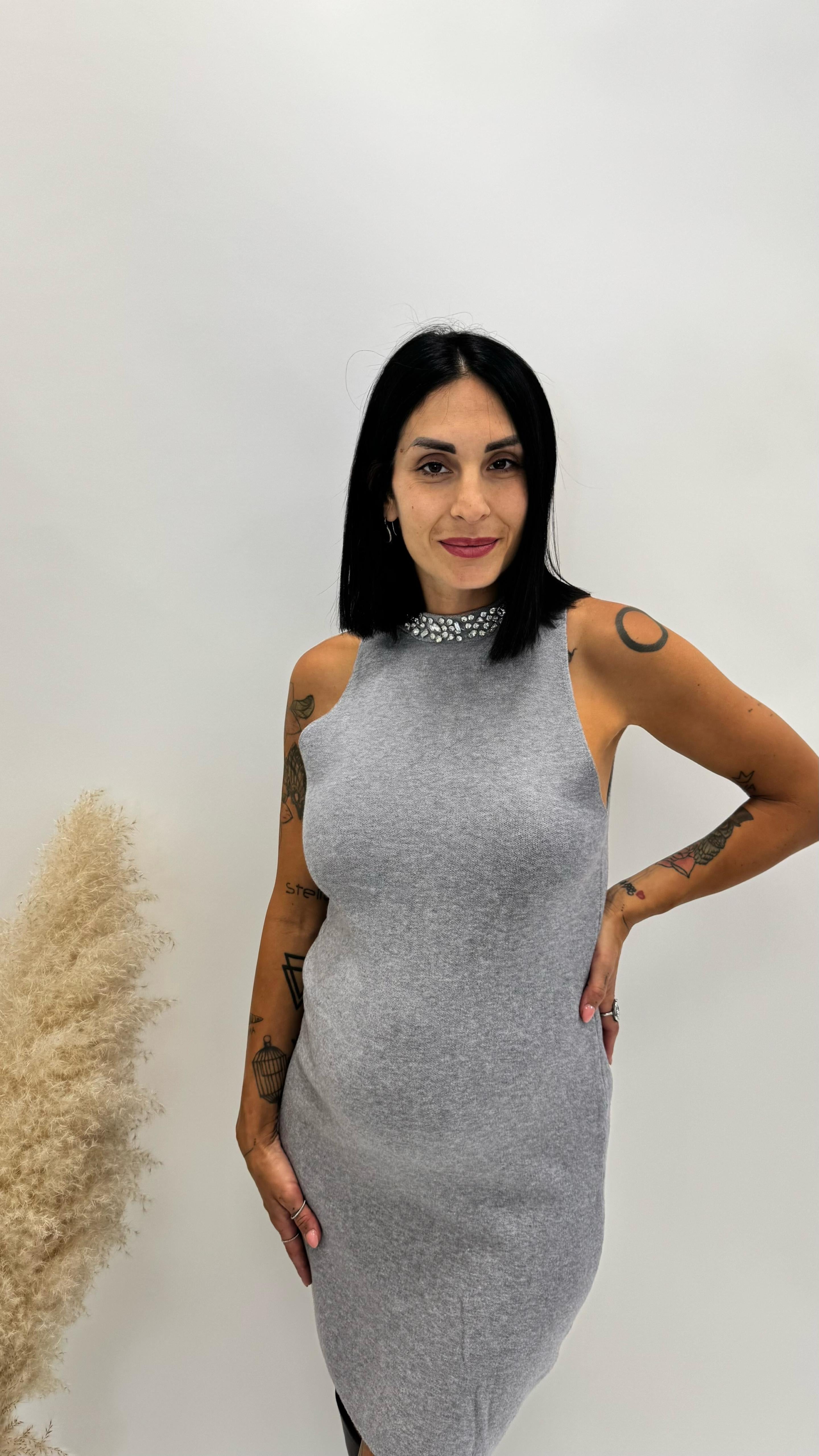 Abito Strass Grigio Perla