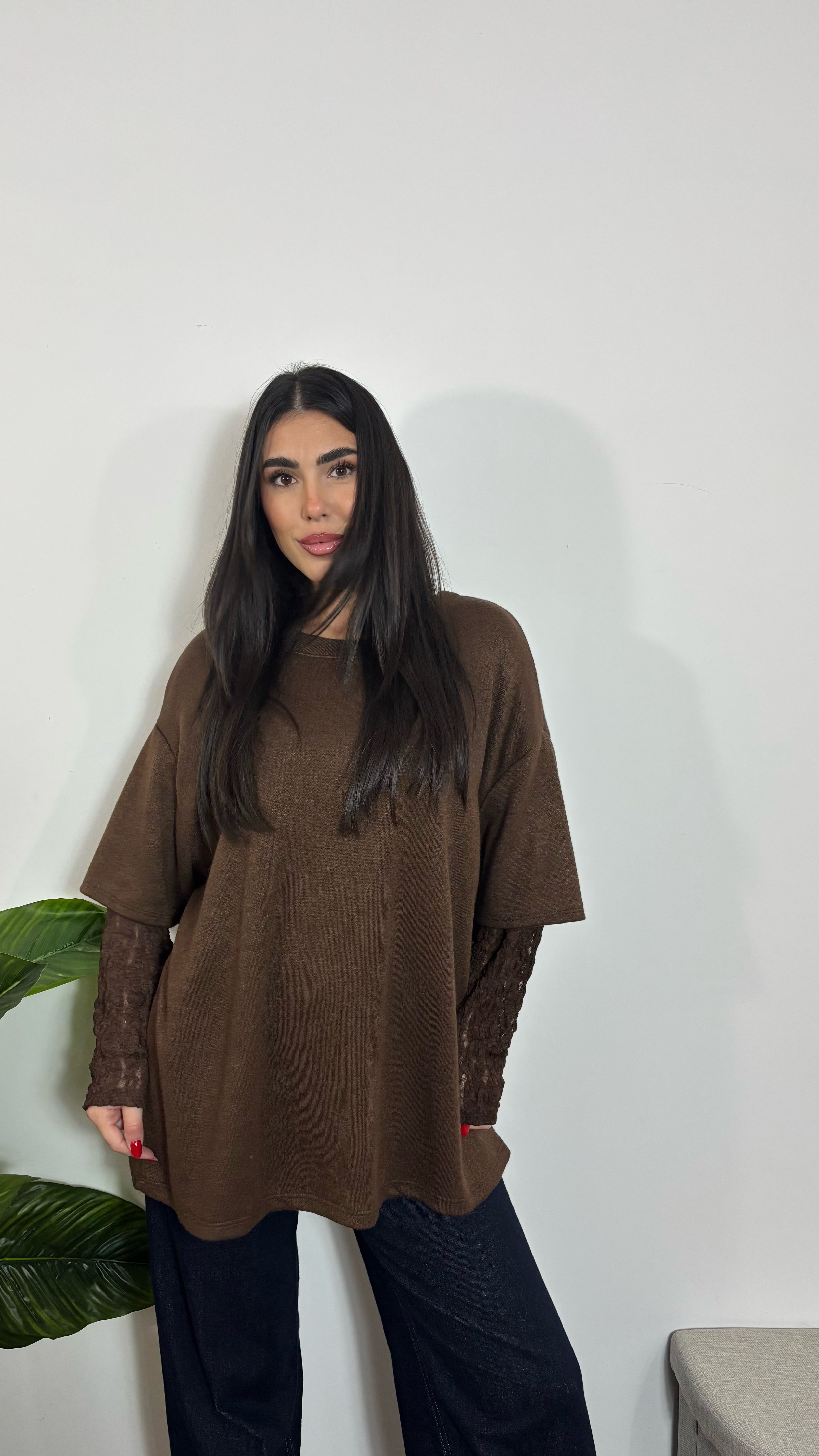 Maxi Maglia Maniche in Pizzo Choco