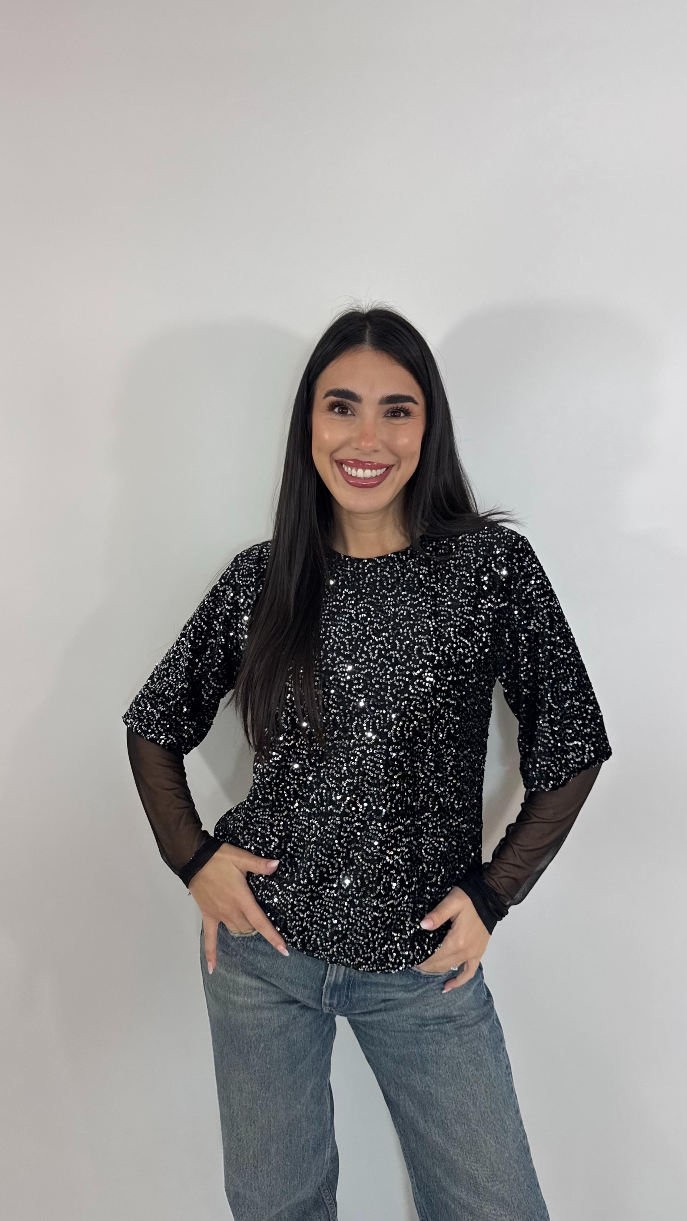 🥂 Maglia Paillettes Manica Tulle Silver Black