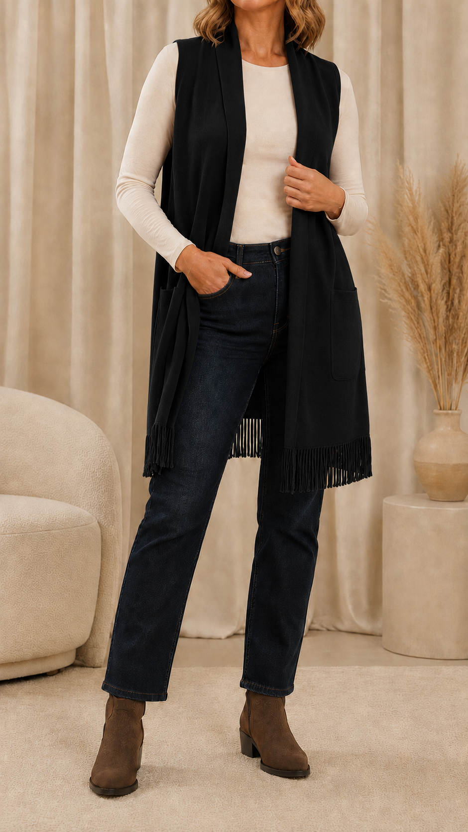 Gilet Rasato Frange Nero