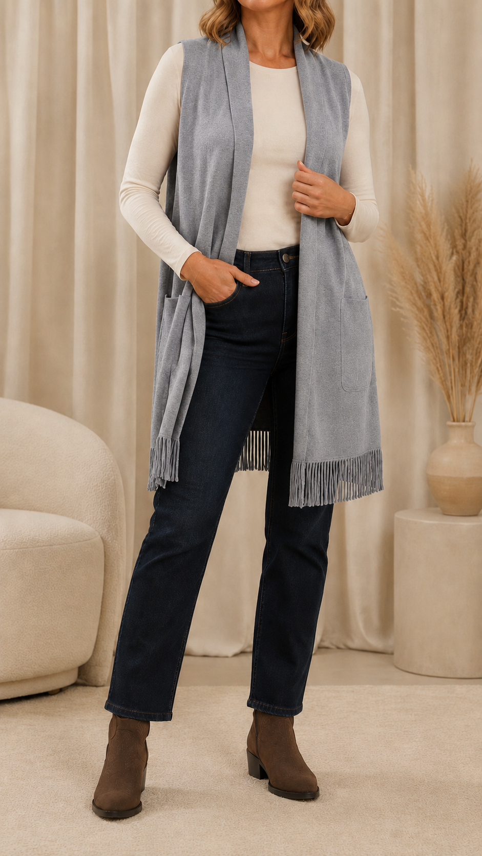 Gilet Rasato Frange Grigio Perla