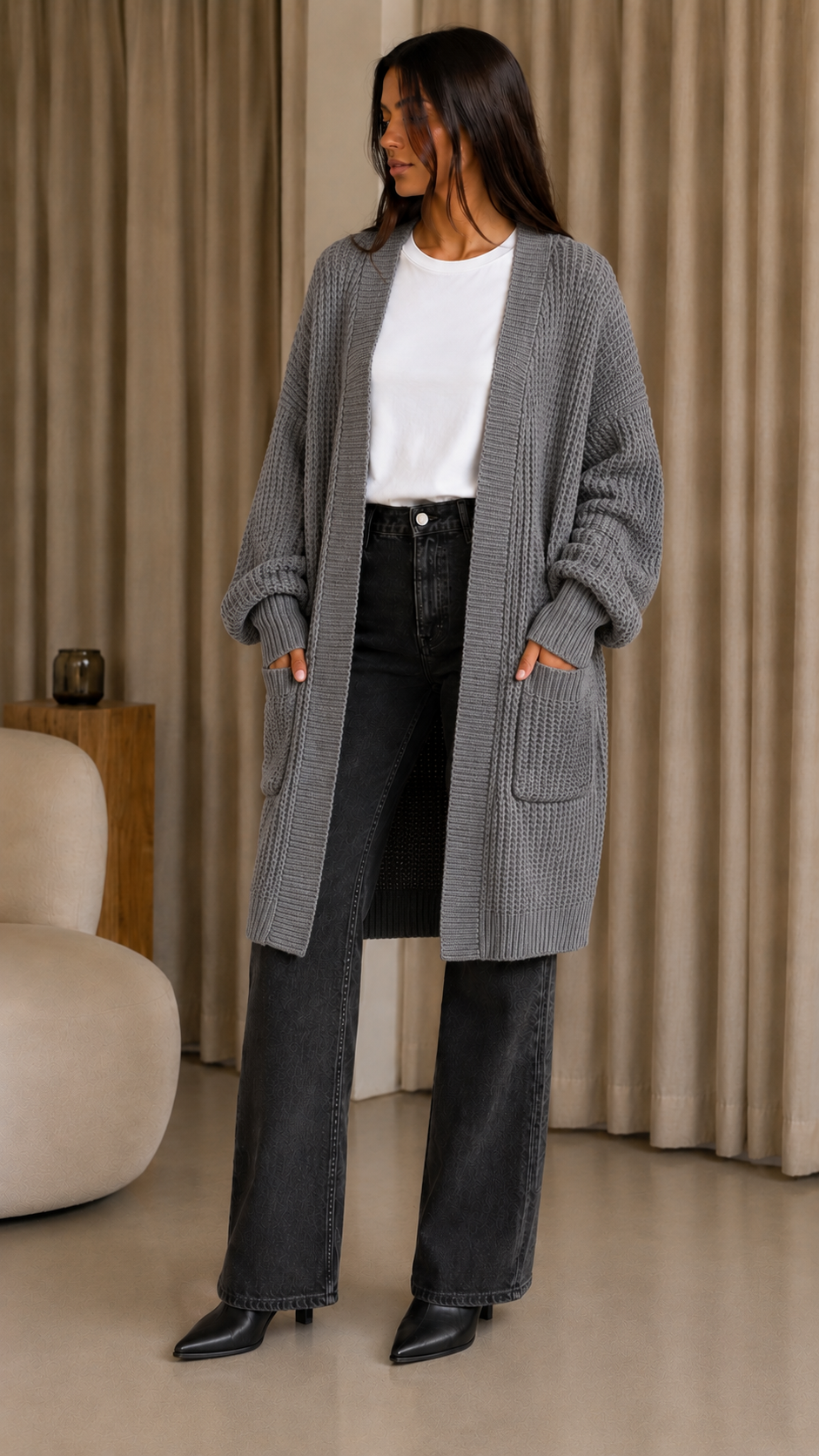 Cardigone Maglia Inglese Grigio Perla