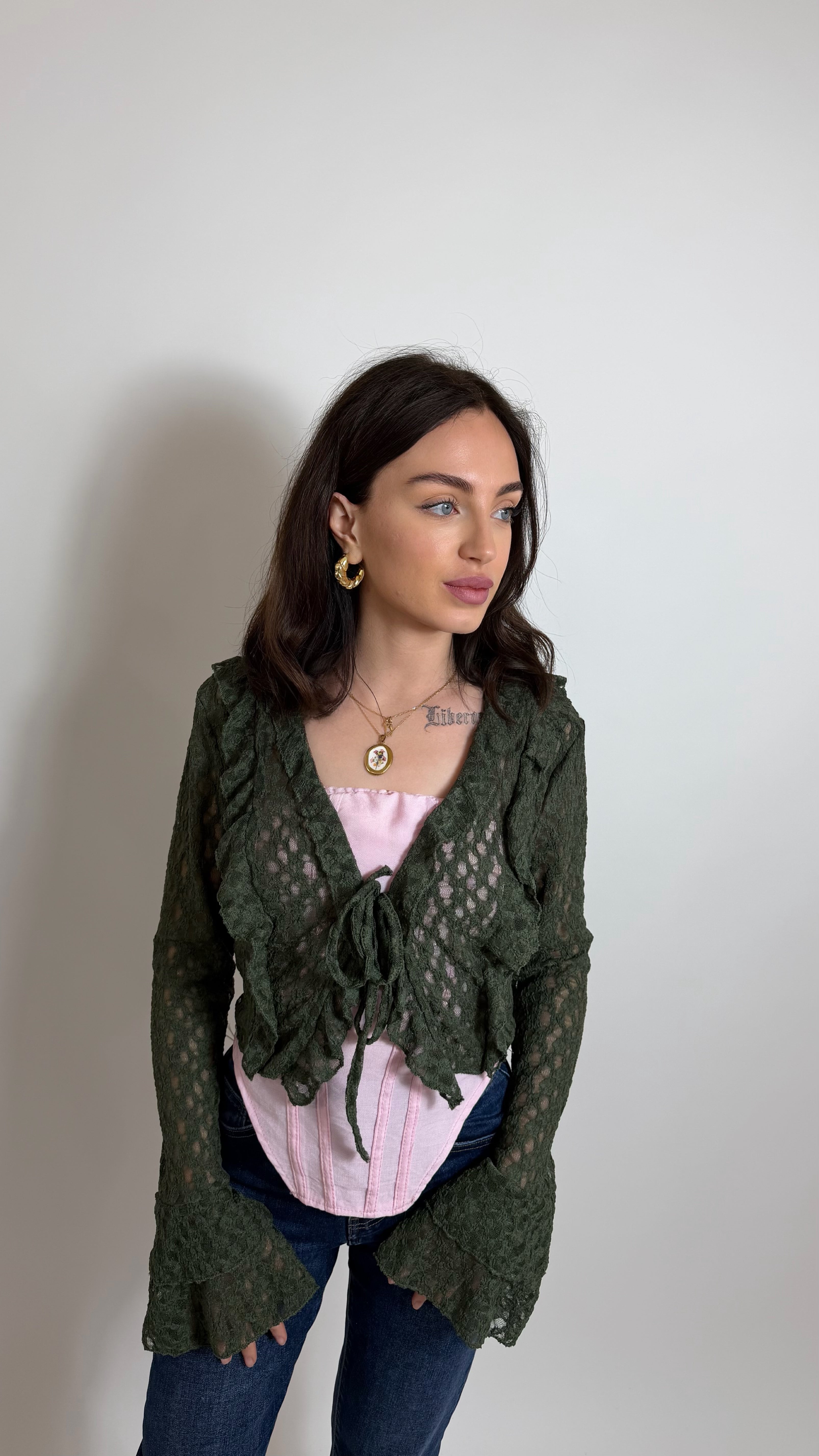 Cardigan Lace Flare Verde Utility