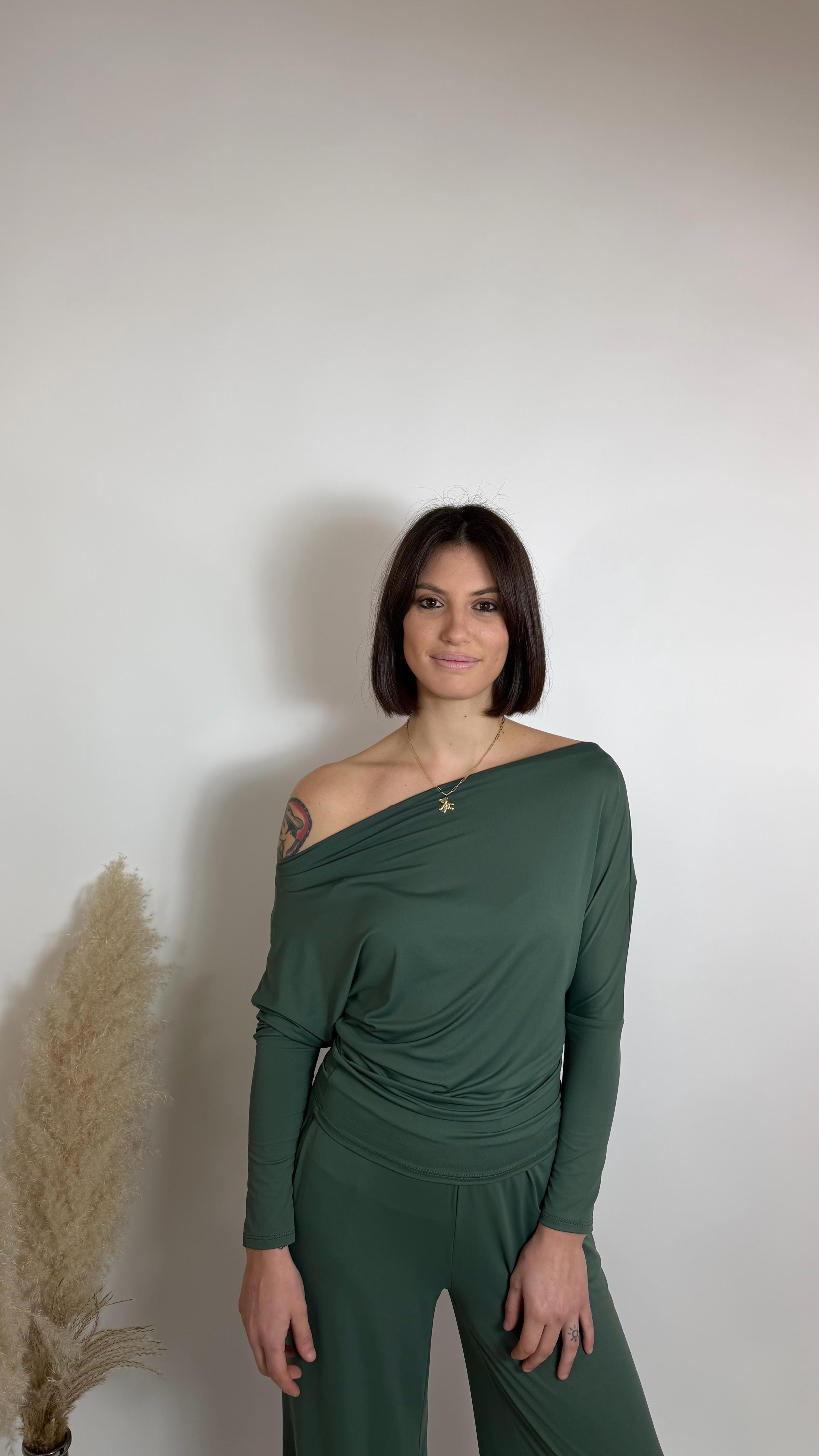 Maglia Yoga Second Skin Spalla scesa / Verde